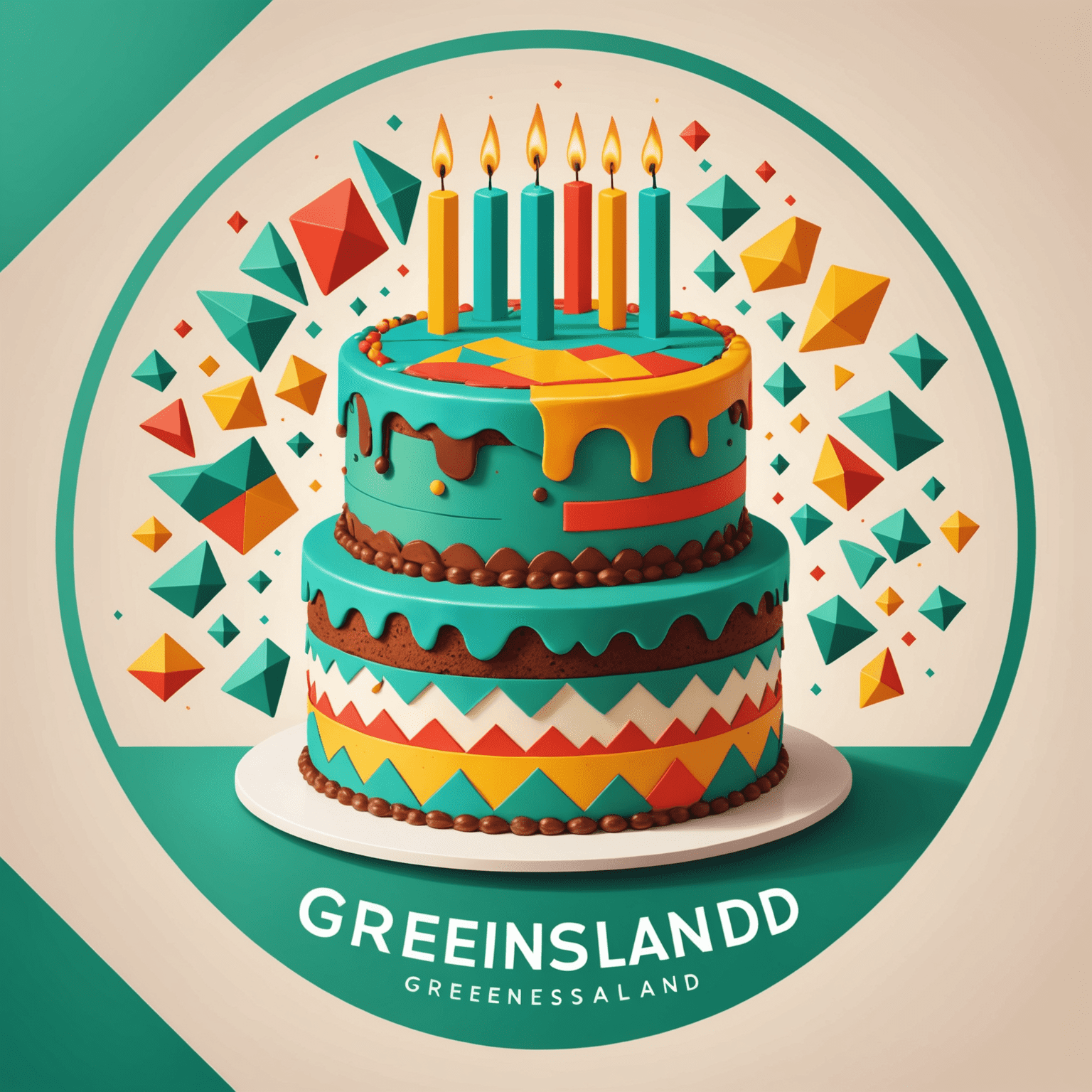 Greemsland logo featuring a stylized cake with colorful geometric patterns