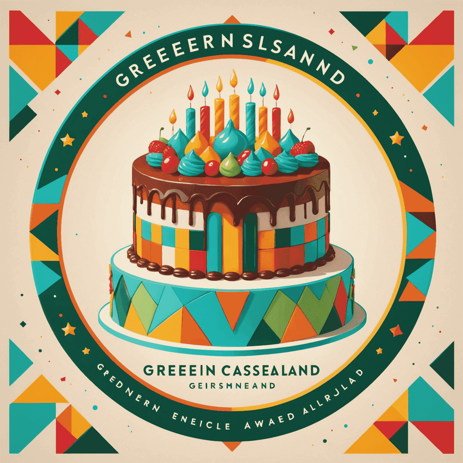 Greemsland logo featuring a stylized cake with colorful geometric patterns