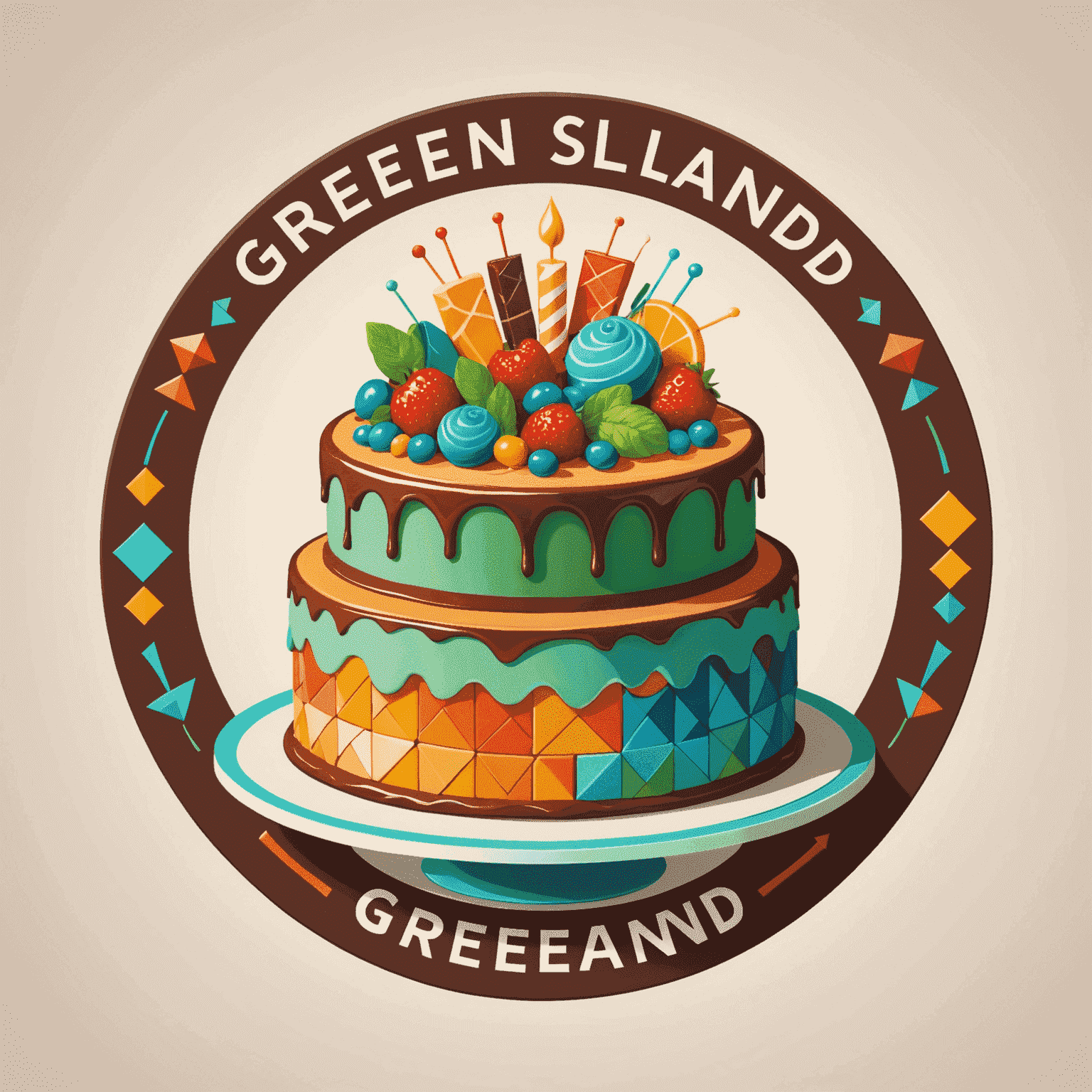 Greemsland logo featuring a stylized cake with colorful geometric patterns