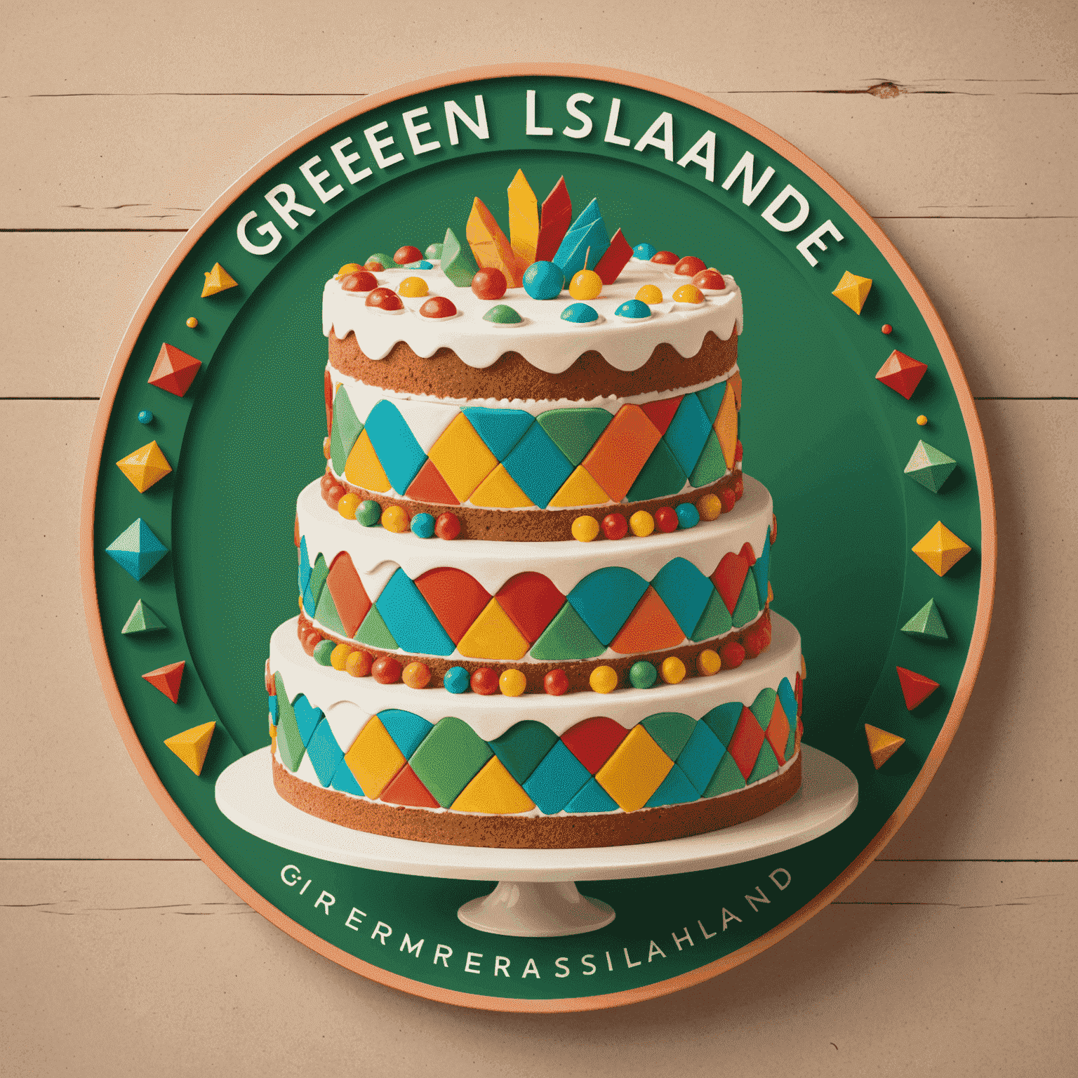 Greemsland logo featuring a stylized cake with colorful geometric patterns