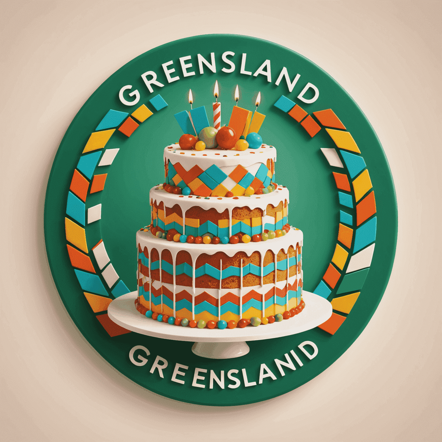 Greemsland logo featuring a stylized cake with colorful geometric patterns