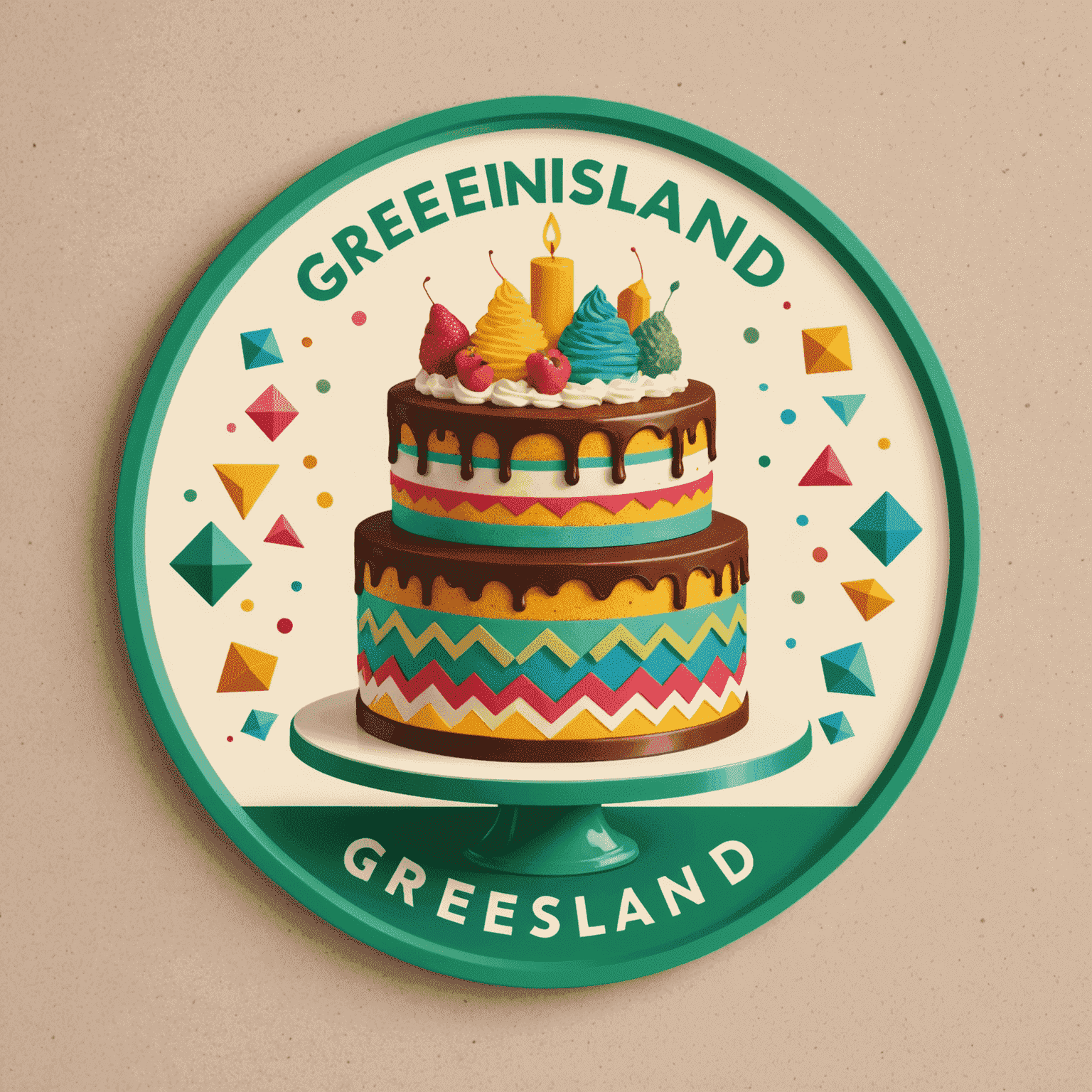 Greemsland logo featuring a stylized cake with colorful geometric patterns