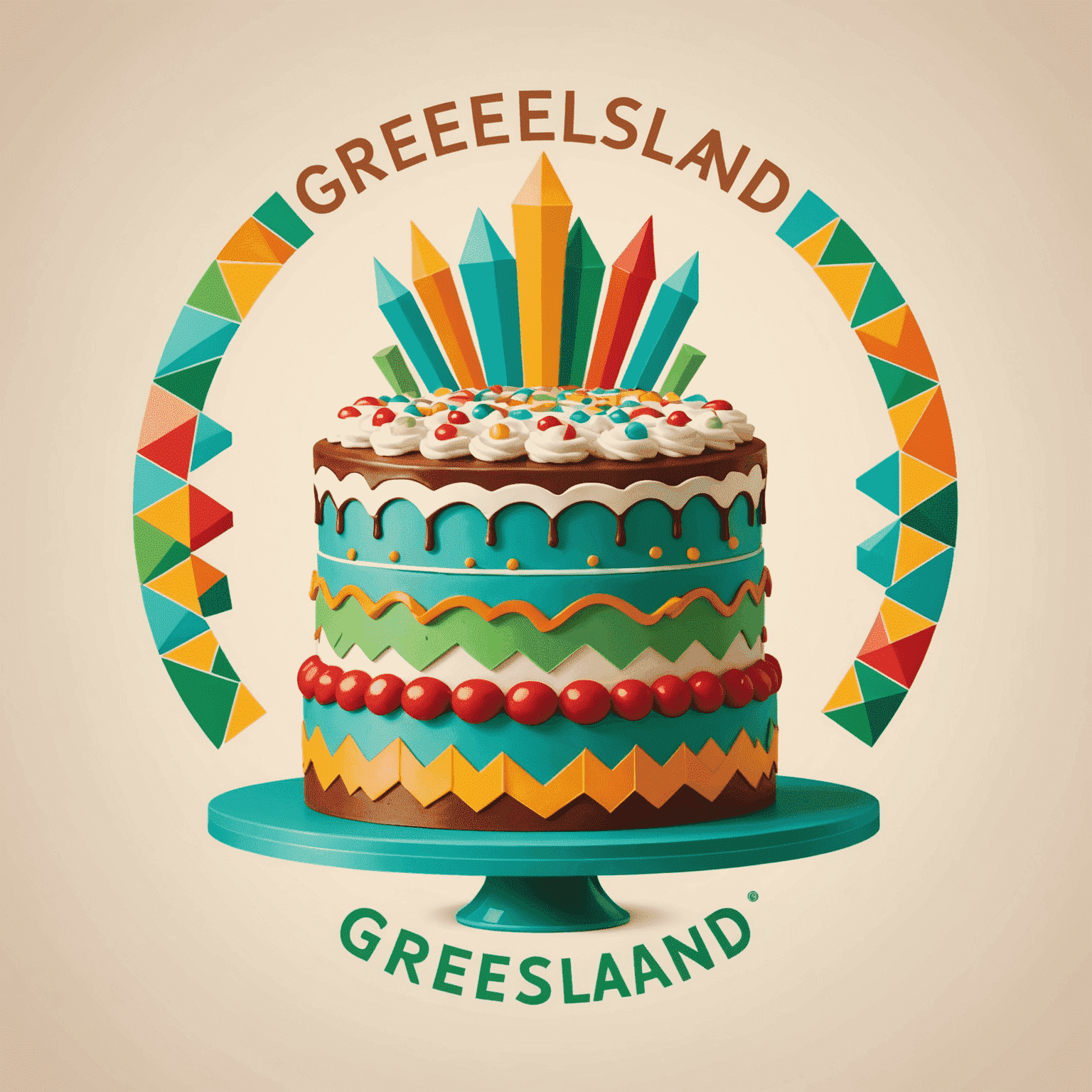 Greemsland logo featuring a stylized cake with colorful geometric patterns