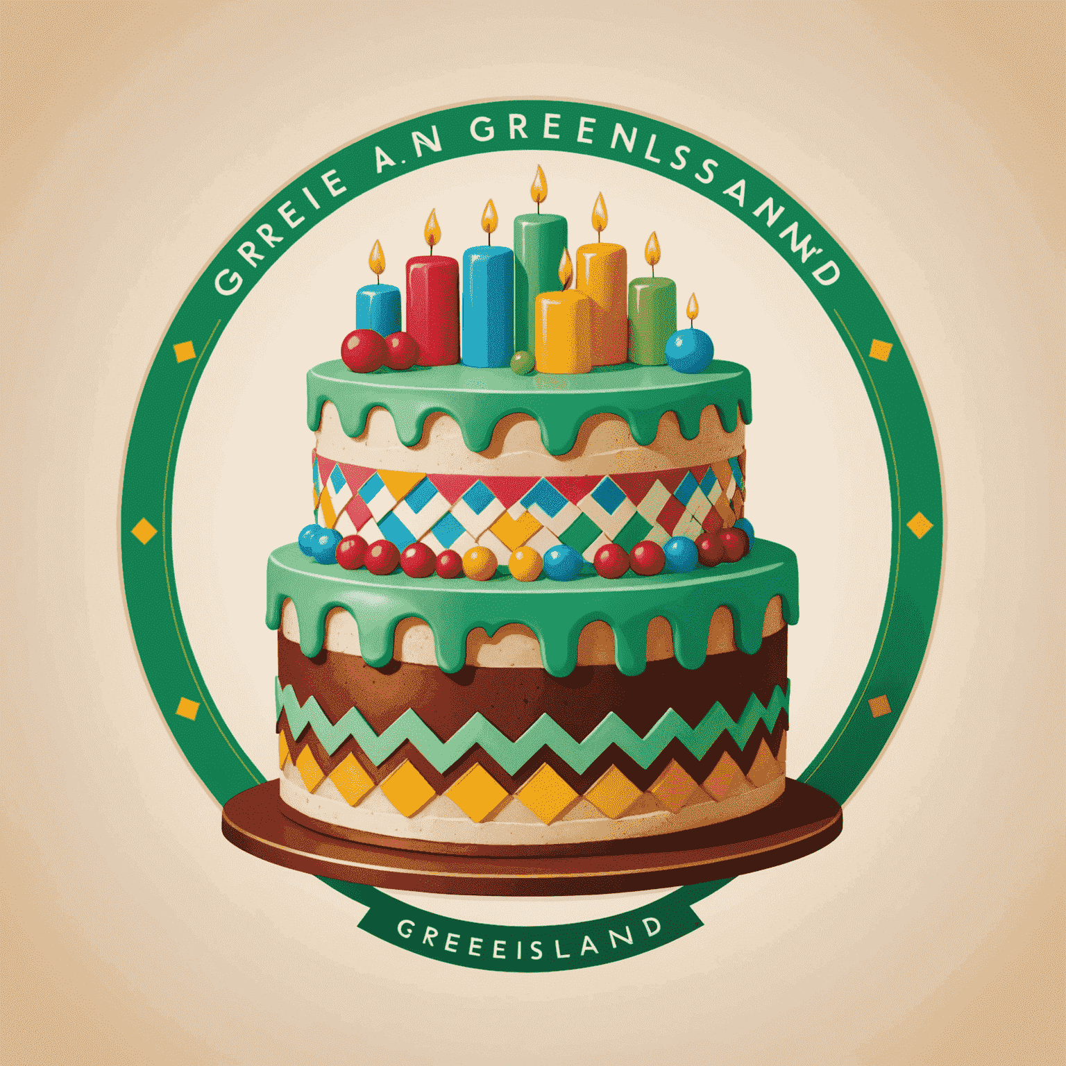 Greemsland logo featuring a stylized cake with colorful geometric patterns