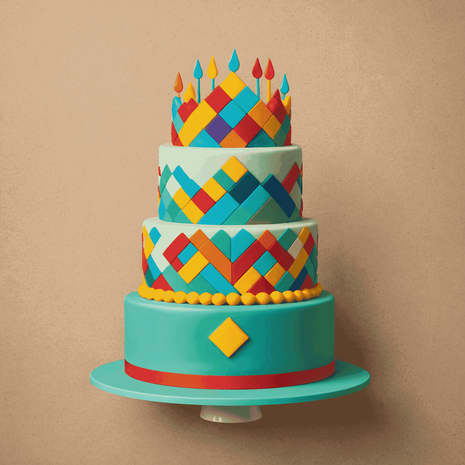 Greemsland logo featuring a stylized cake with colorful geometric patterns