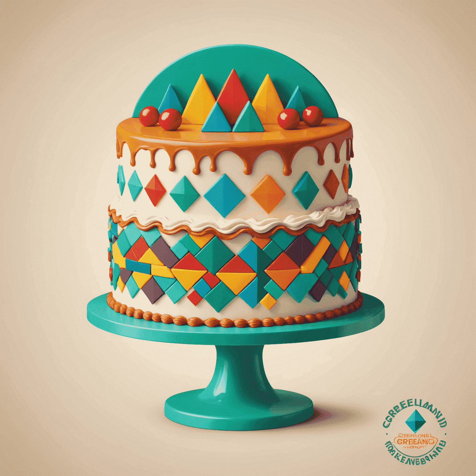 Greemsland logo featuring a stylized cake with colorful geometric patterns