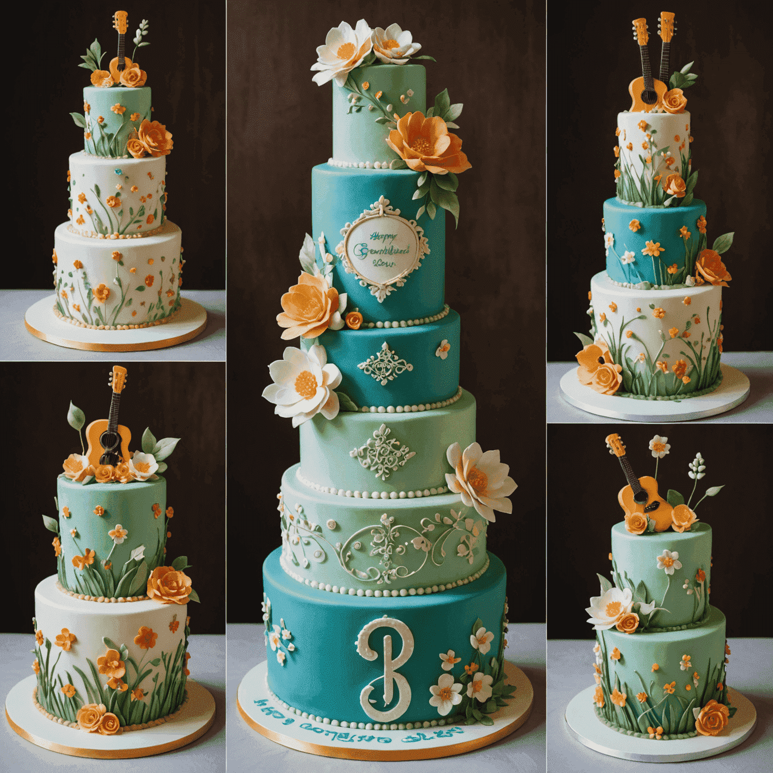 A collage of vibrant, custom-designed cakes including a three-tiered wedding cake with delicate sugar flowers, a cartoon-themed birthday cake, and a realistic guitar-shaped cake, showcasing the variety and creativity of Greemsland's cake designs