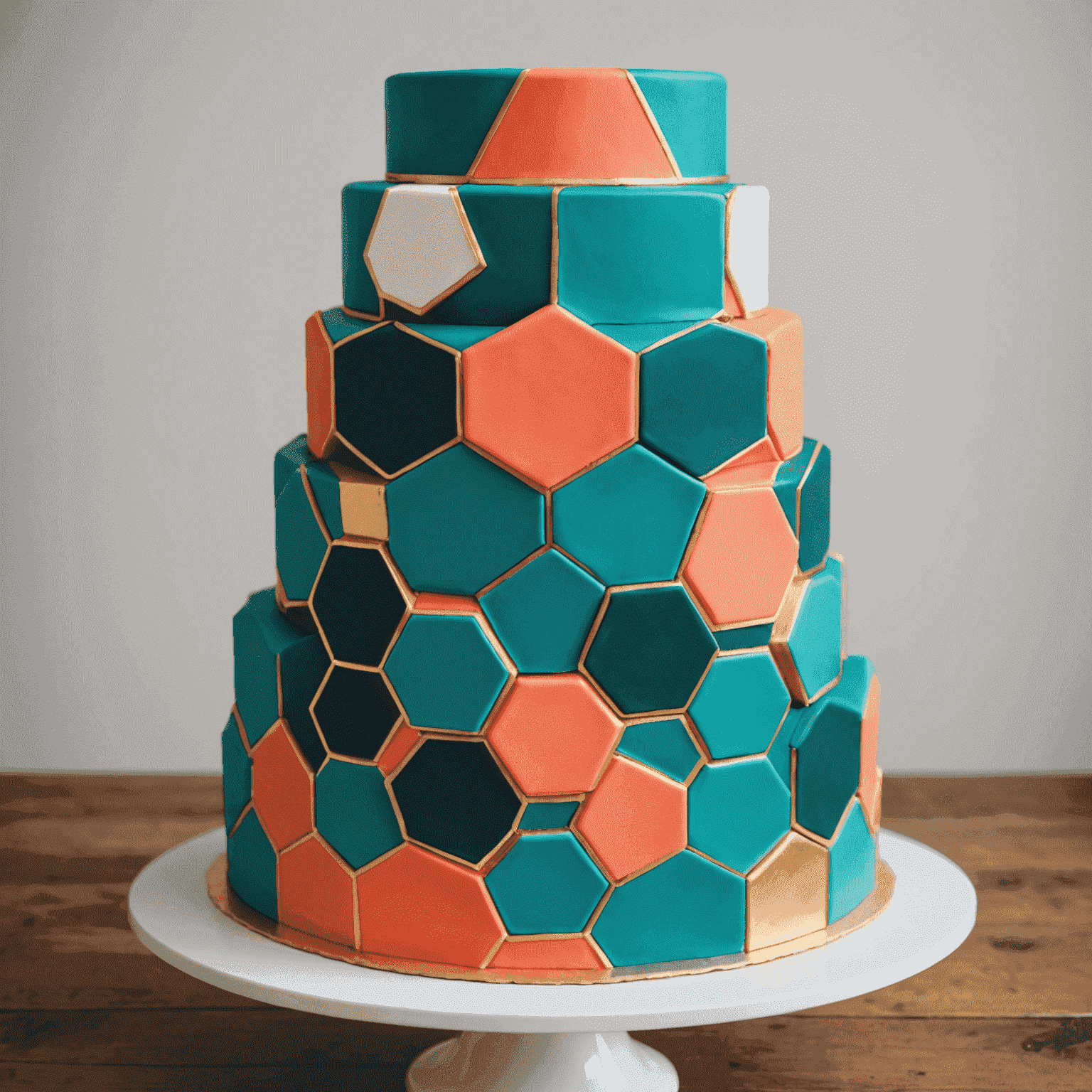A hexagonal tiered cake with bold geometric patterns in teal, coral, and gold, showcasing sharp edges and clean lines
