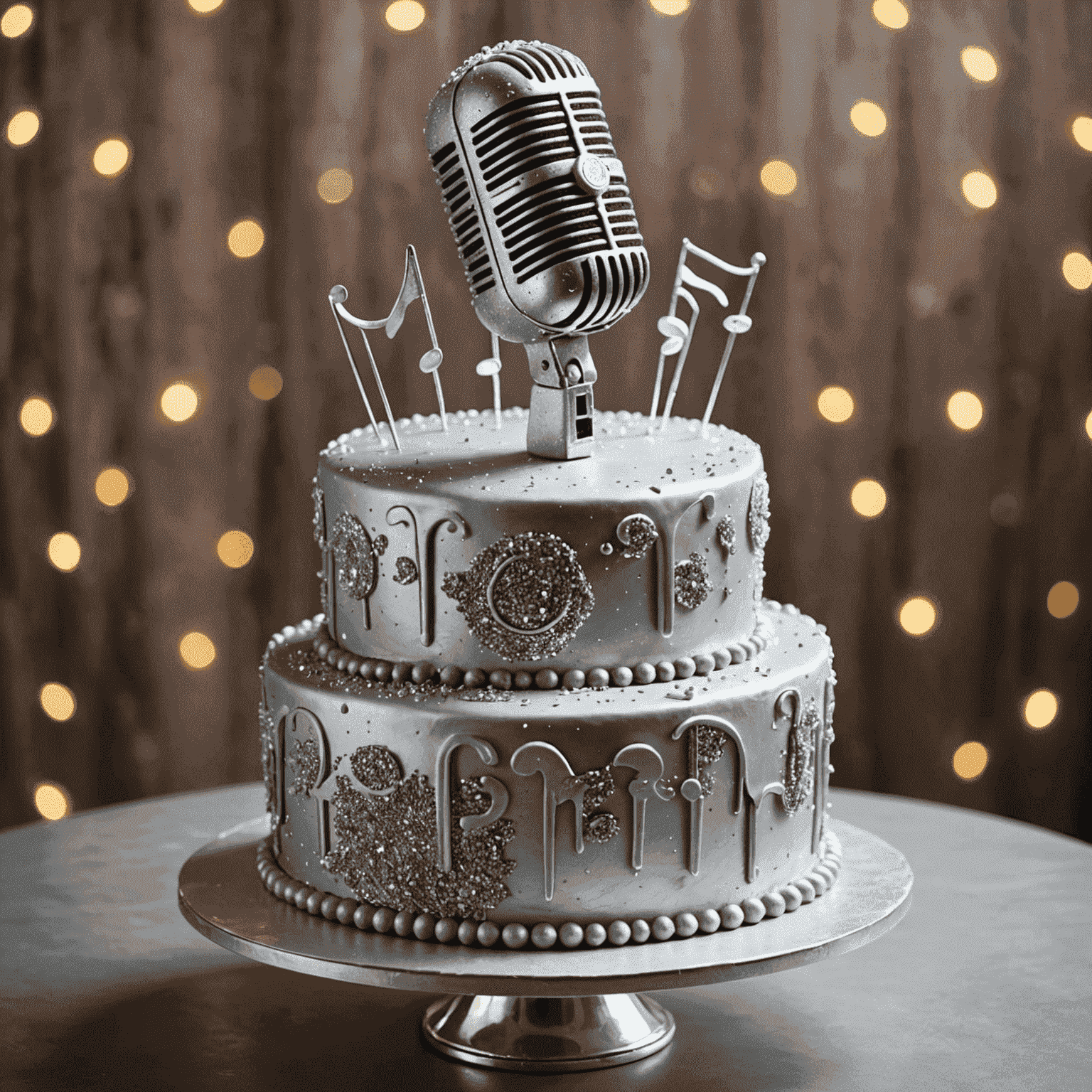 A three-tiered cake in the shape of a glittering silver microphone, adorned with edible music notes and sparkles