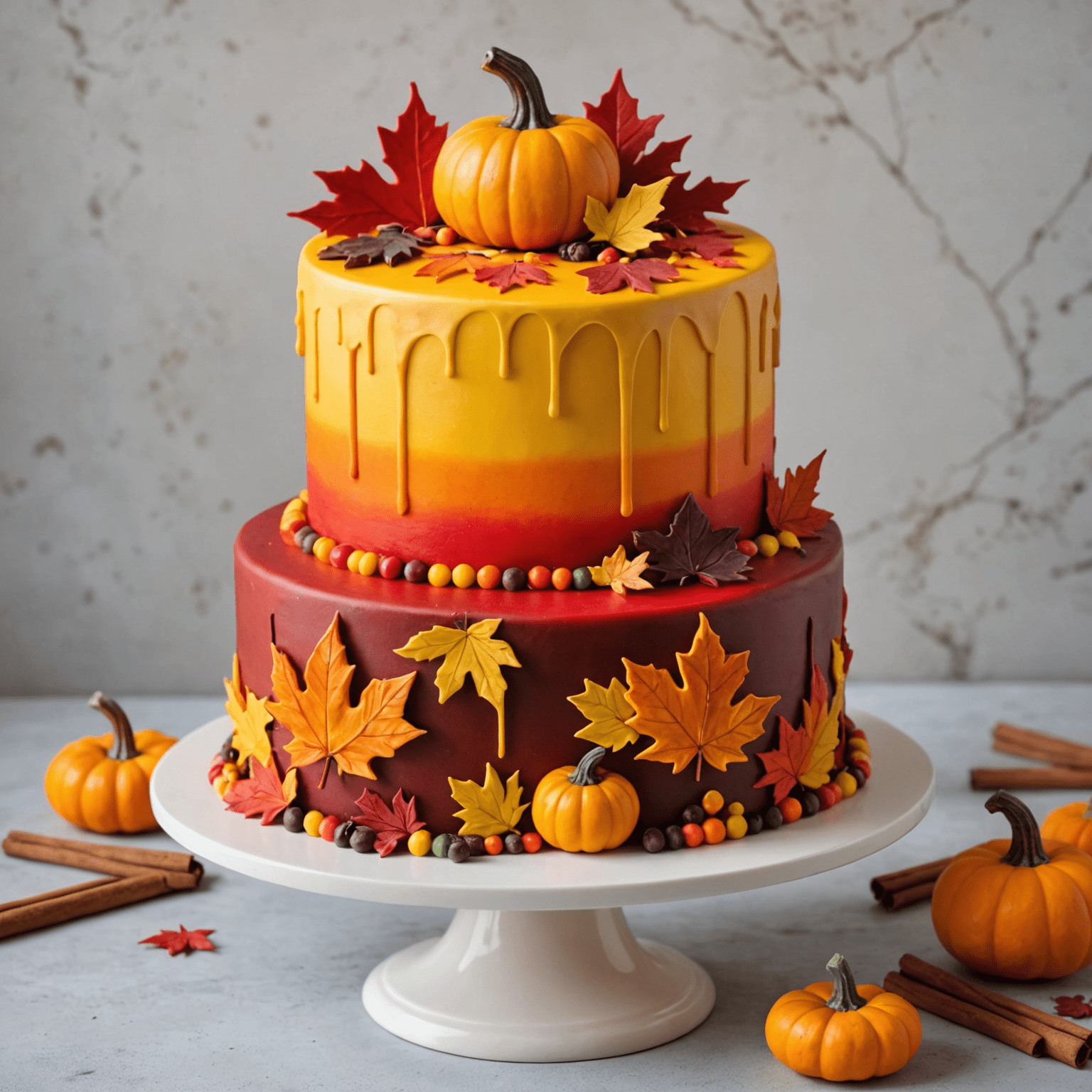 A vibrant autumn-themed cake with fondant maple leaves in shades of red, orange, and yellow cascading down the sides. The cake is topped with a miniature fondant pumpkin and cinnamon sticks.