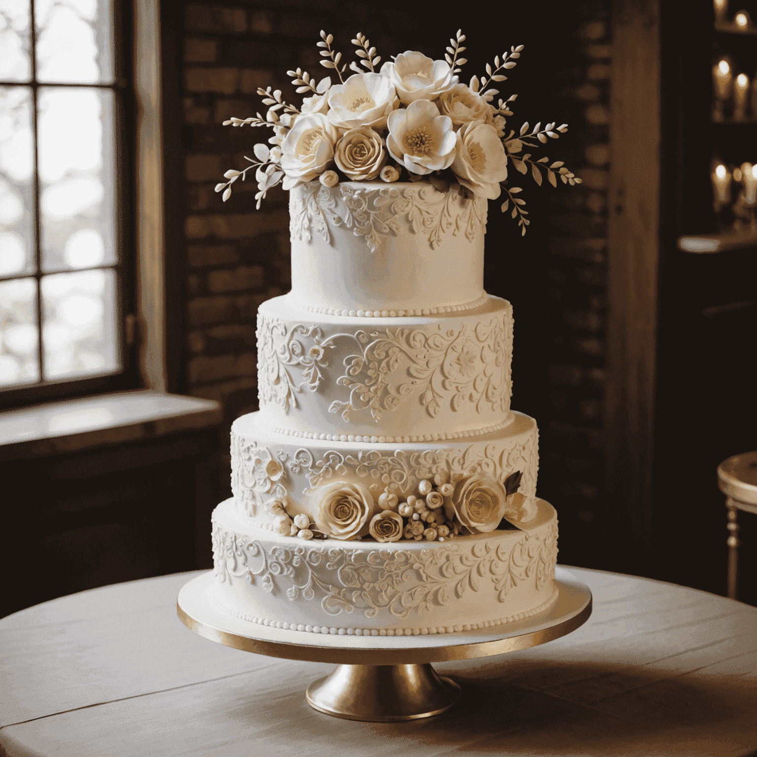A beautifully designed custom cake with multiple tiers, intricate sugar flowers, and a personalized topper. The cake showcases various textures and techniques in cake decorating.