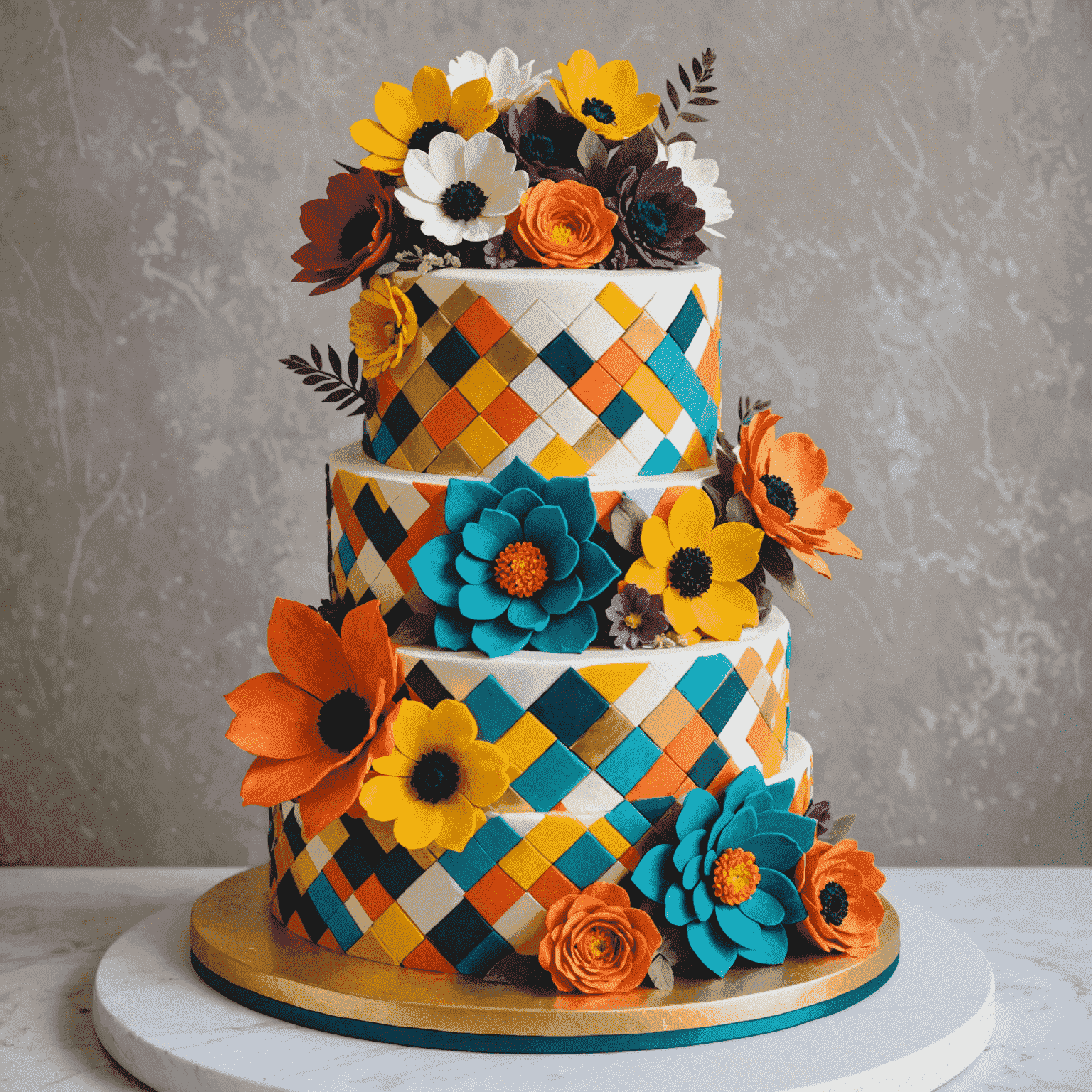 A vibrant, multi-tiered custom cake with geometric patterns, bold colors, and edible flowers. The cake showcases various textures and designs, demonstrating the range of customization options.