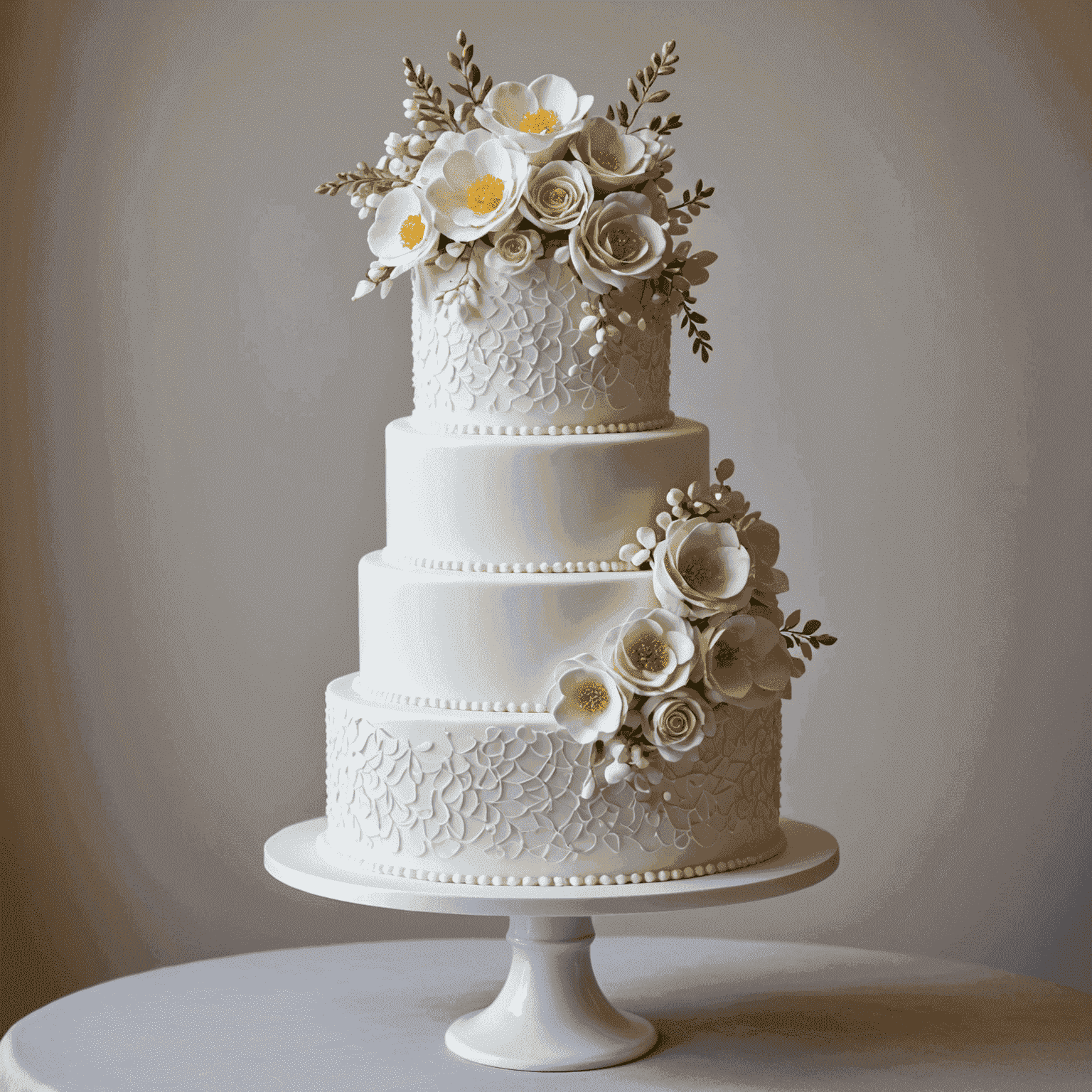 Elegant three-tier wedding cake with white fondant, adorned with delicate sugar flowers cascading down the side, and a subtle geometric pattern embossed on each tier