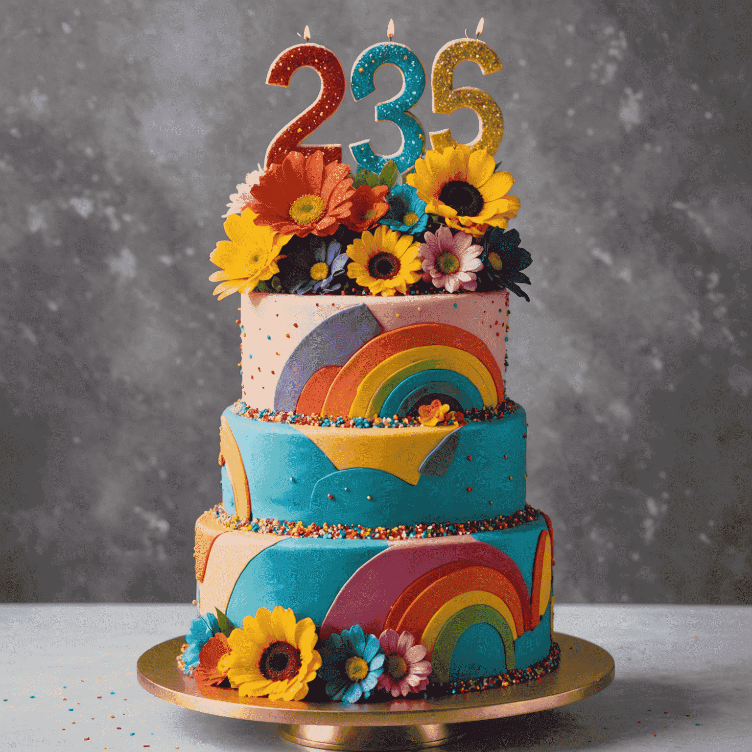 A vibrant and colorful birthday cake with multiple tiers, decorated with rainbow sprinkles, edible flowers, and a sparkly '25' topper. The cake features bold geometric patterns in bright colors, perfectly embodying our modern and playful style.