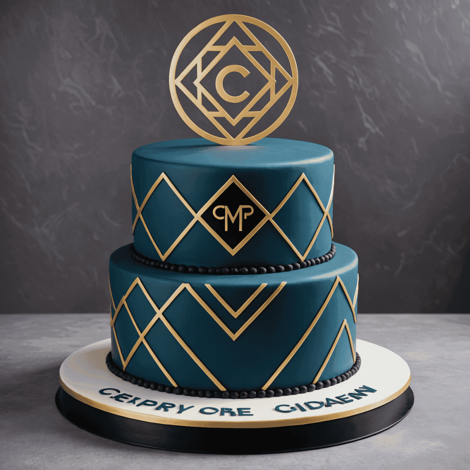 A sleek, modern corporate cake with a company logo expertly crafted in fondant. The cake has multiple tiers in company colors, with geometric patterns and edible metallic accents.
