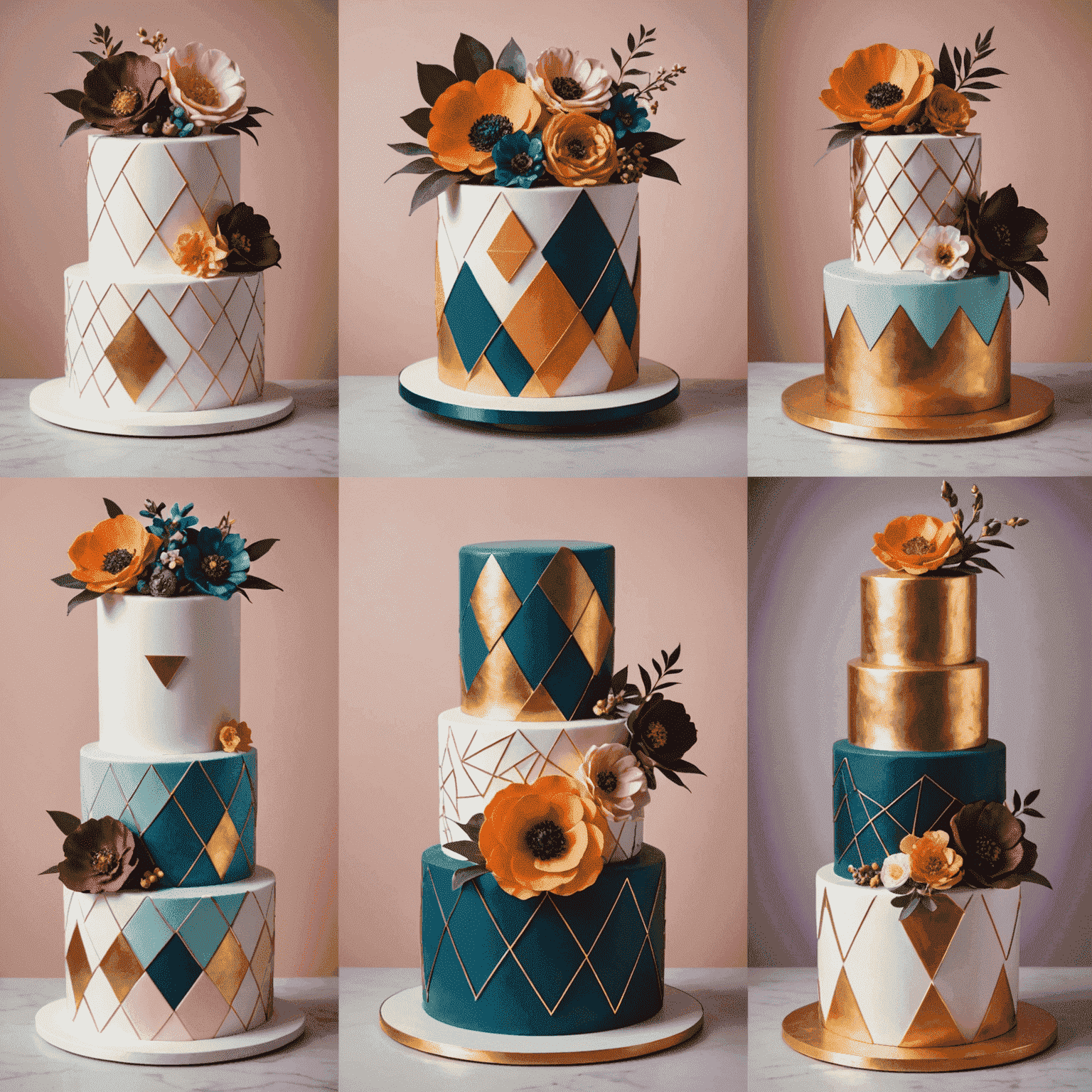 A collage of modern, colorful cakes showcasing the latest trends in cake design, including geometric patterns, metallic accents, and edible flowers
