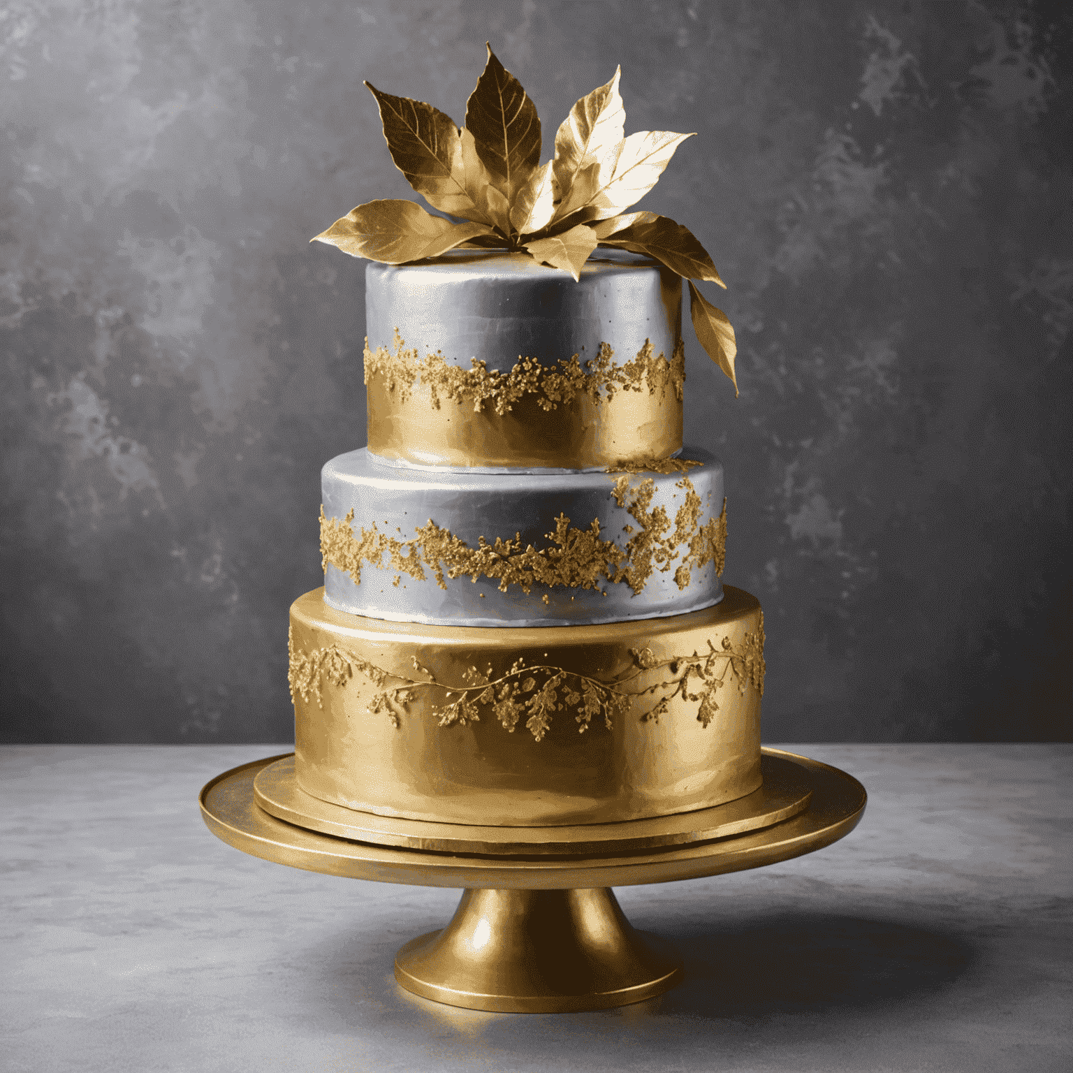 A three-tiered round cake with a smooth finish, decorated with edible gold leaf and silver metallic paint, creating a luxurious shimmering effect