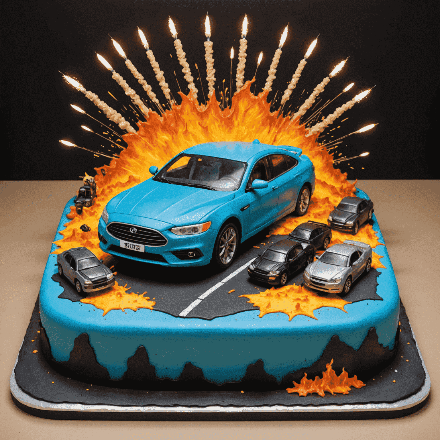 A large rectangular cake designed to look like an action movie scene with miniature explosions, cars, and a fondant figure of the action star