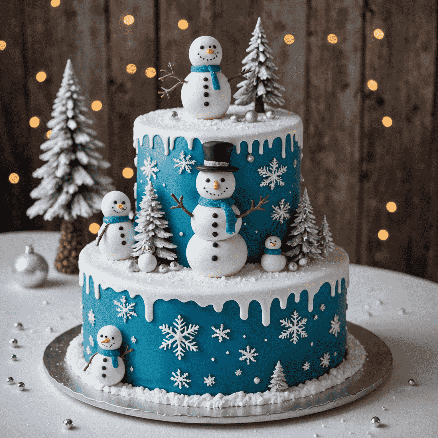 A winter wonderland cake with smooth white fondant, decorated with sparkling edible glitter snowflakes, silver dragees, and a miniature fondant snowman on top.