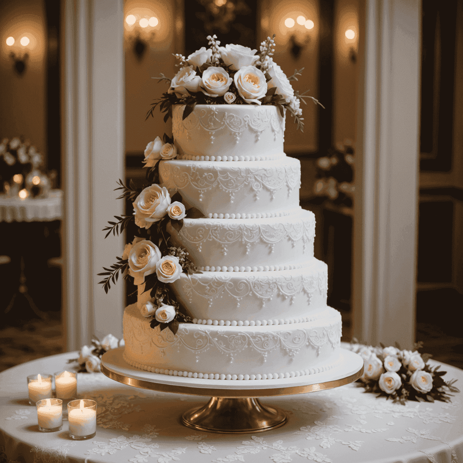 An elegant multi-tiered wedding cake with white fondant, delicate lace patterns, and fresh flowers cascading down the sides. The cake stands on a decorated table with a romantic backdrop.
