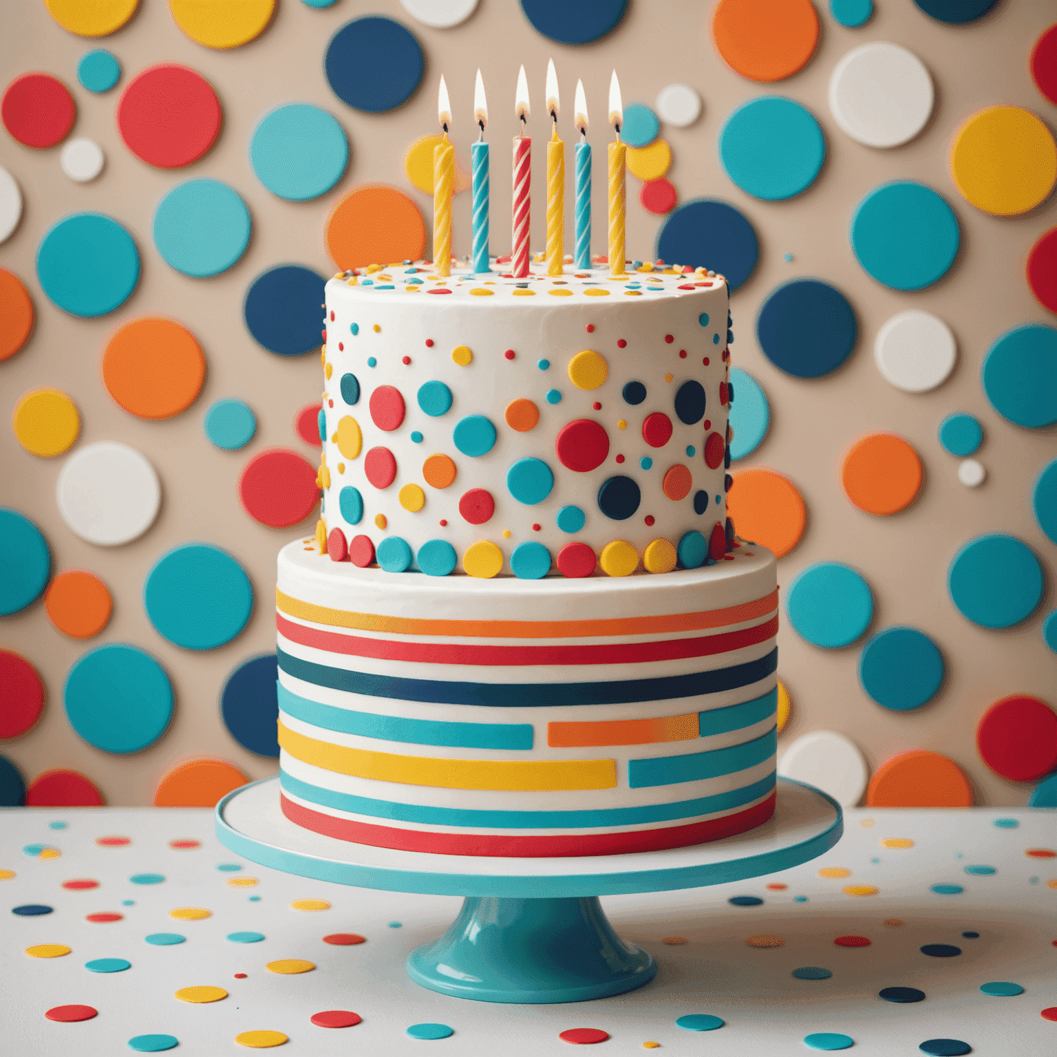 A colorful birthday cake with a modern geometric design, featuring bold stripes and polka dots in vibrant colors