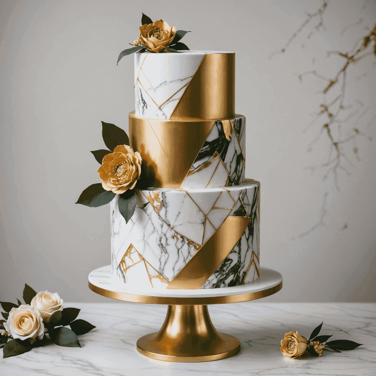 Modern geometric wedding cake with gold accents and a marbled fondant finish