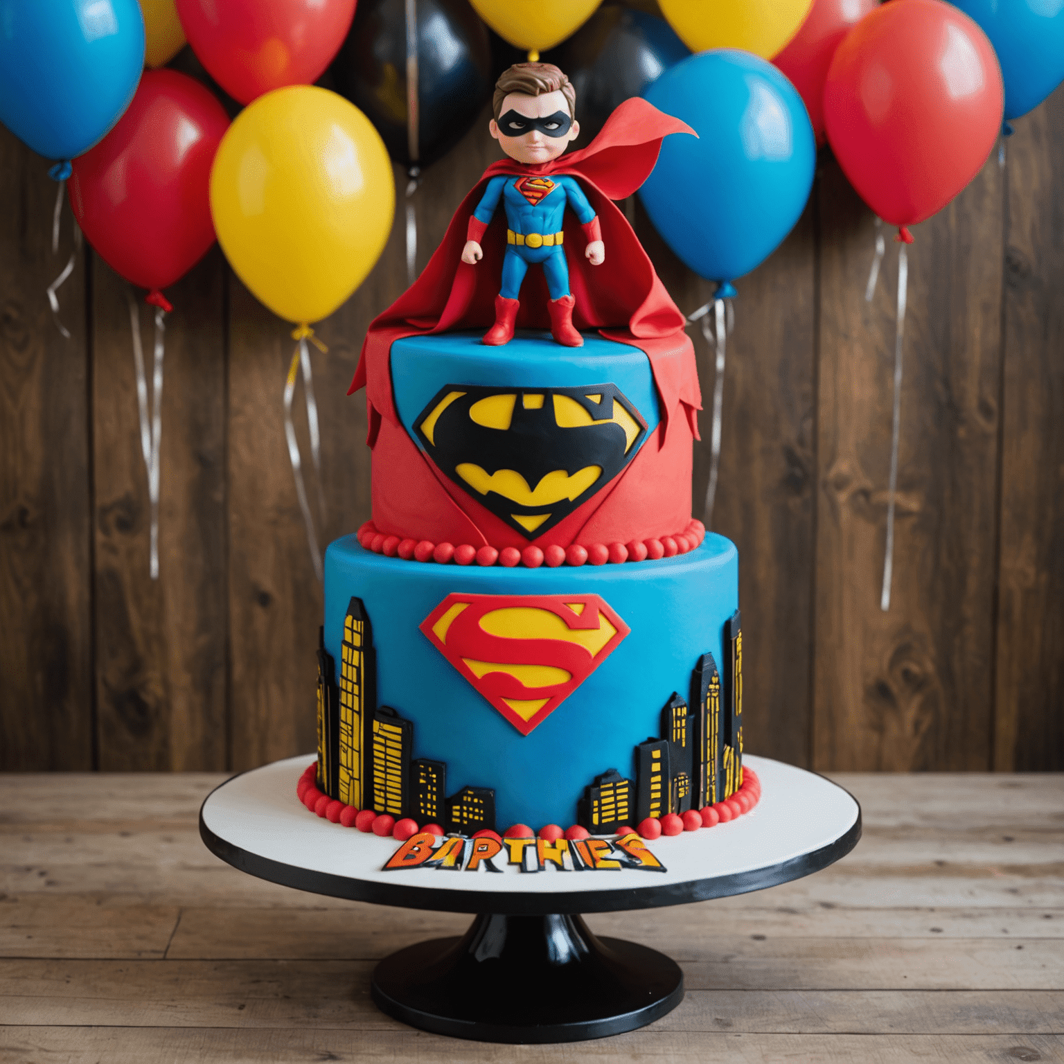 A themed birthday cake for a young superhero fan, featuring comic book inspired decorations, a cape-draped cake silhouette, and bold, primary colors.