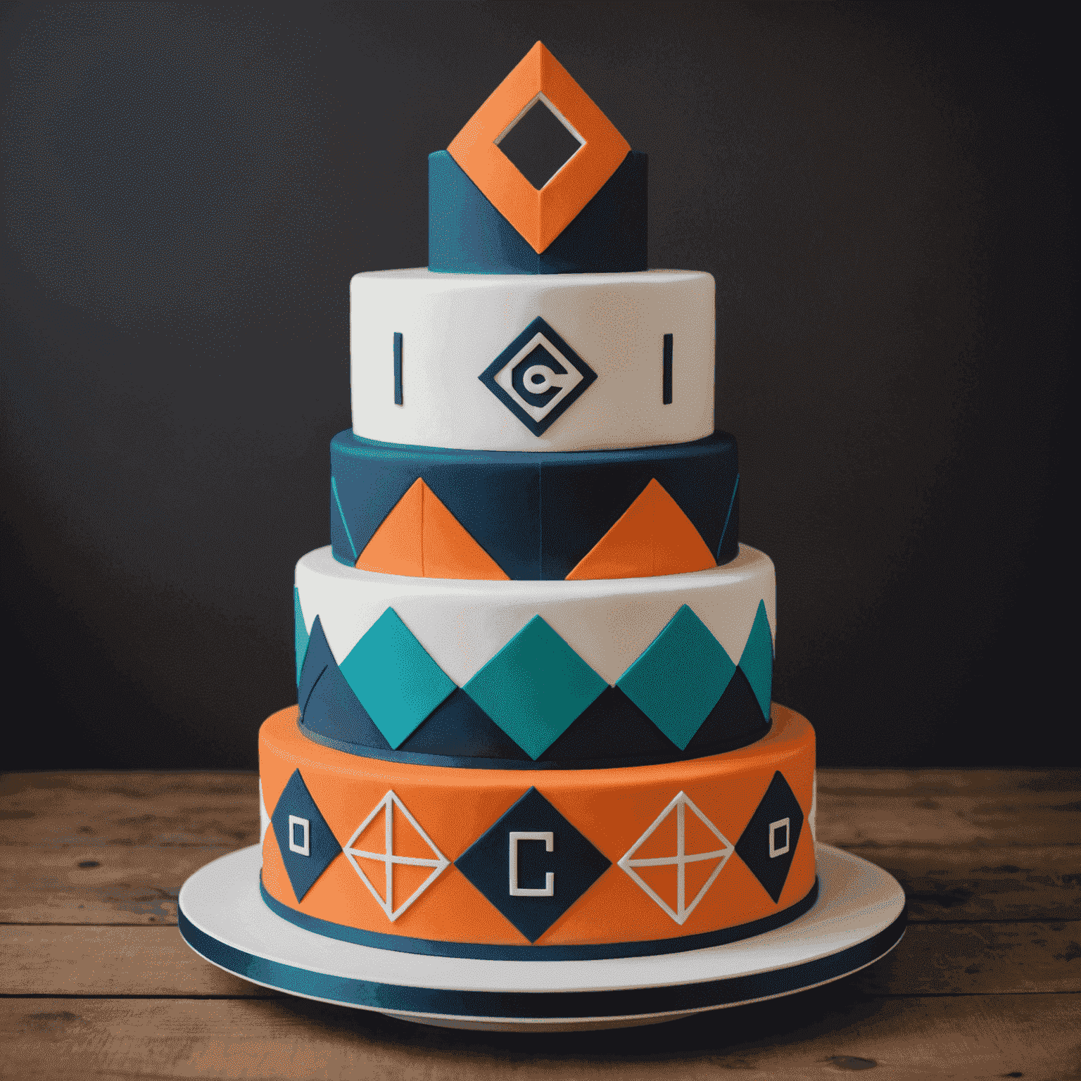 A tiered cake with clean lines and bold geometric patterns in company colors, topped with an edible company logo