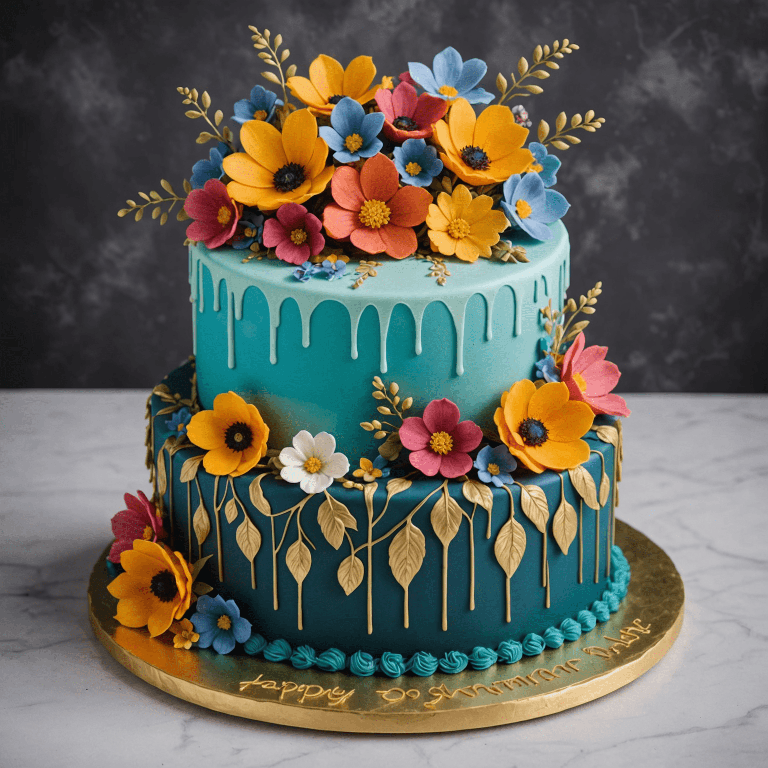 A beautifully decorated cake with intricate fondant designs, edible flowers, and a cascading color palette. The cake showcases various advanced decorating techniques taught in the classes.
