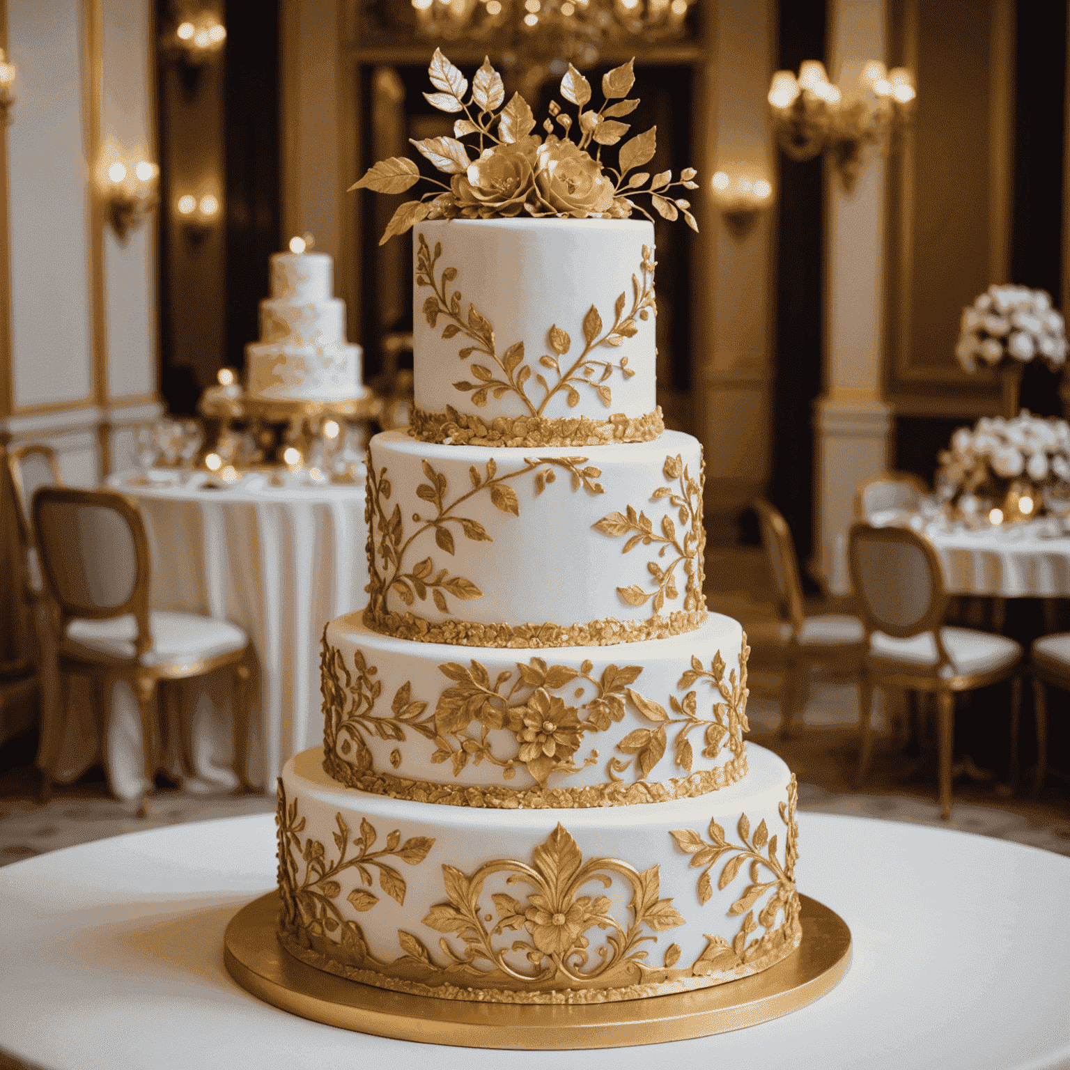 A luxurious, multi-tiered cake with gold leaf accents and intricate sugar work, representing a celebrity's extravagant cake order