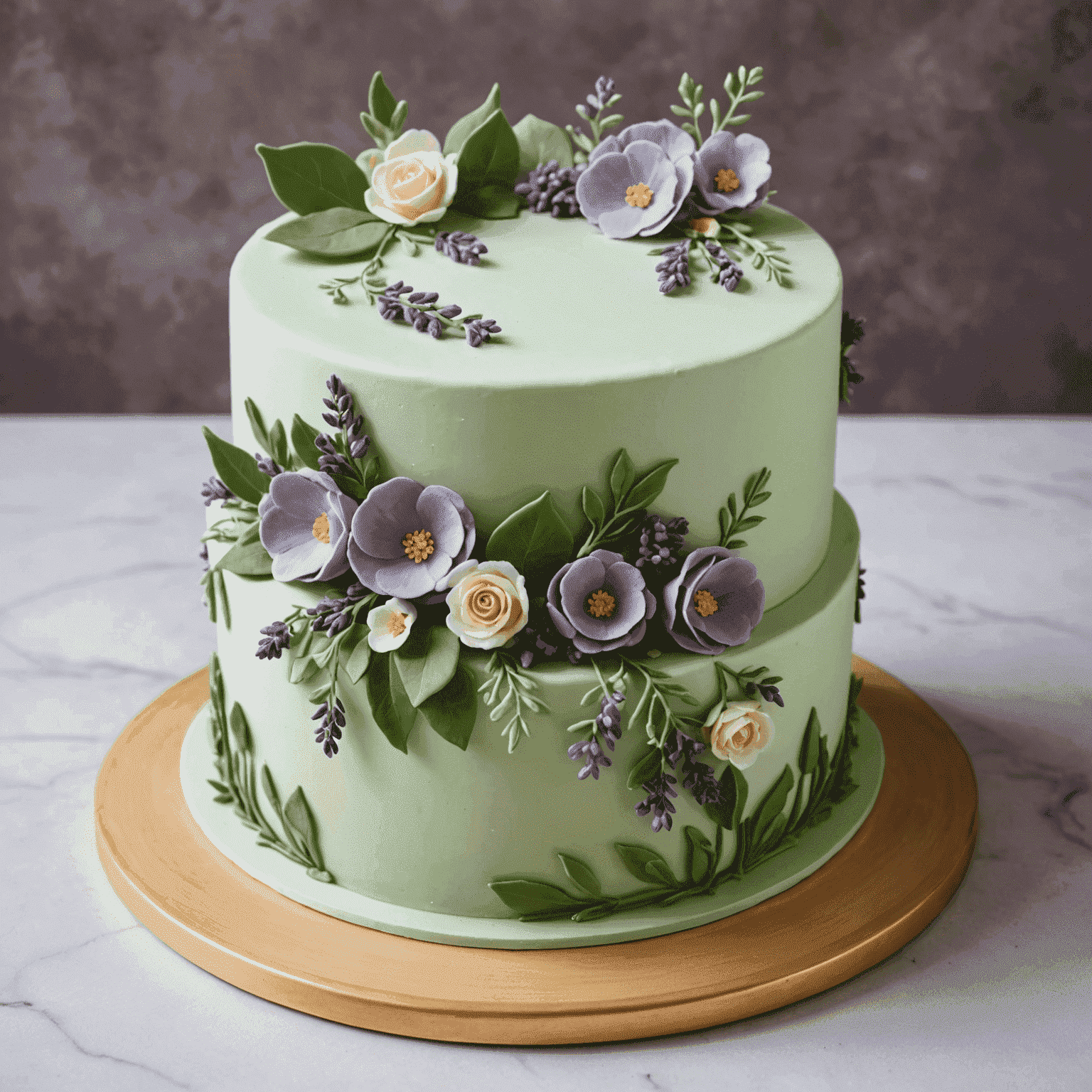 A light pastel-colored cake adorned with edible flowers, featuring lavender buds, rose petals, and delicate fondant leaves in various shades of green