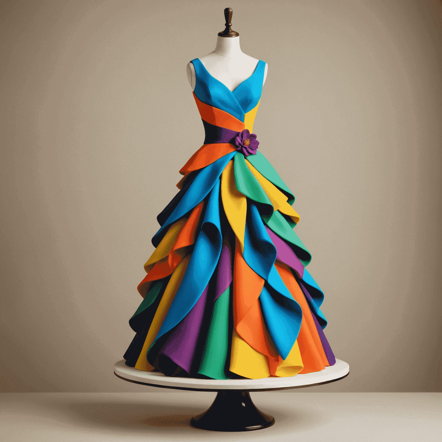 A tall, slender cake designed to look like a mannequin wearing a colorful, avant-garde dress made entirely of fondant and edible fabric