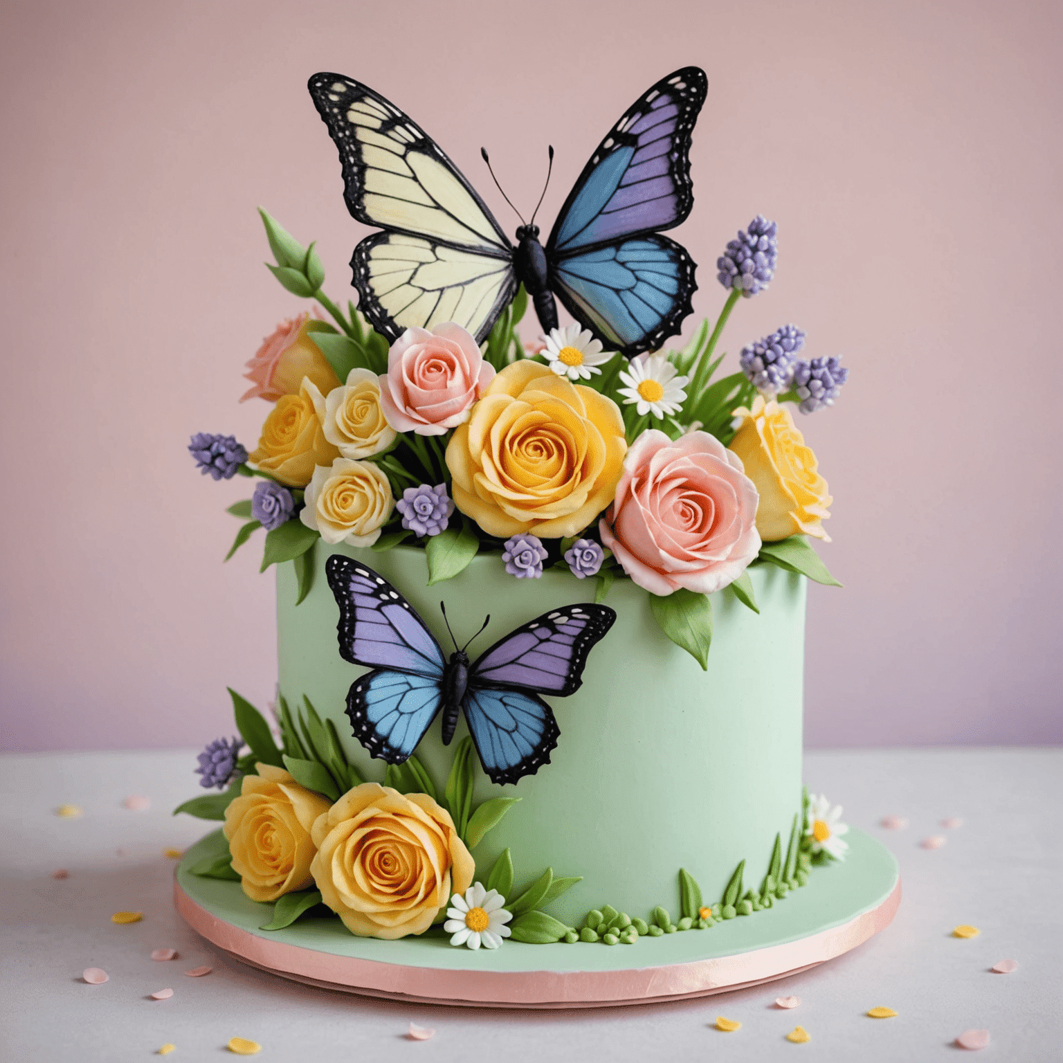 A pastel-colored spring cake decorated with handcrafted sugar flowers including roses, tulips, and daisies in soft pink, lavender, and yellow hues. The cake is topped with a fondant butterfly.