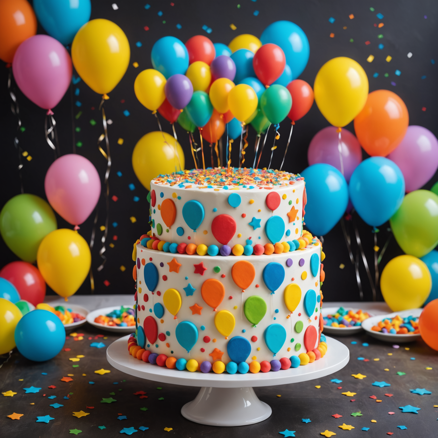 A colorful and fun birthday cake with bright fondant, playful decorations like balloons and stars, and a personalized message. The cake is surrounded by party favors and confetti.