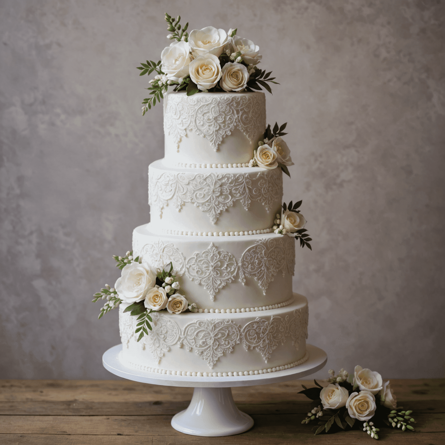 An elegant white wedding cake with intricate lace patterns and delicate sugar flowers cascading down the tiers