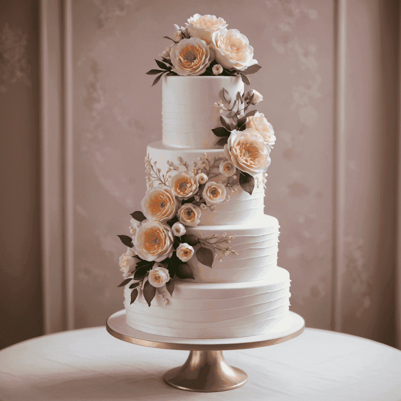 Romantic wedding cake with ruffled fondant tiers and delicate hand-painted floral designs