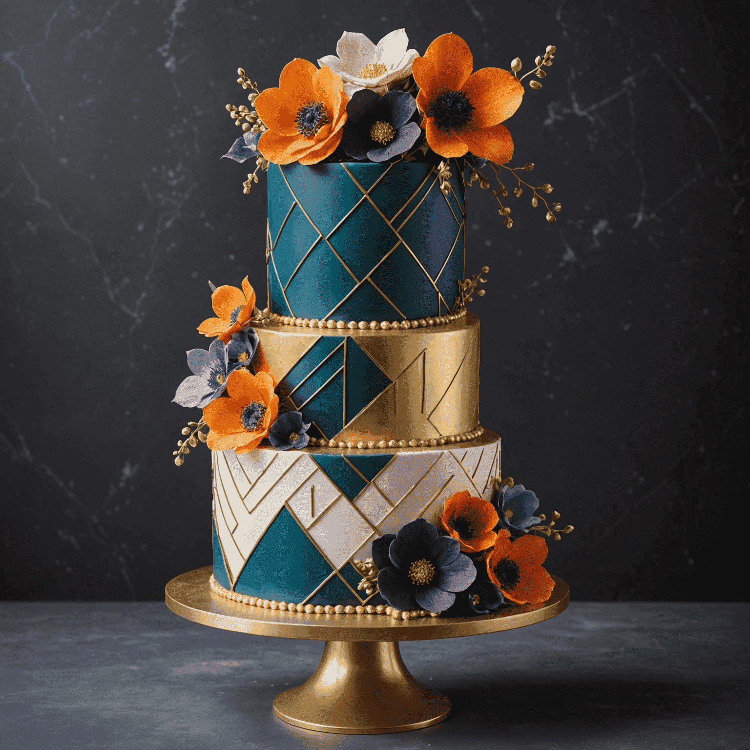 An elegant, multi-tiered birthday cake with a modern twist, featuring metallic accents, geometric patterns, and a cascade of edible flowers in bold, vibrant colors.