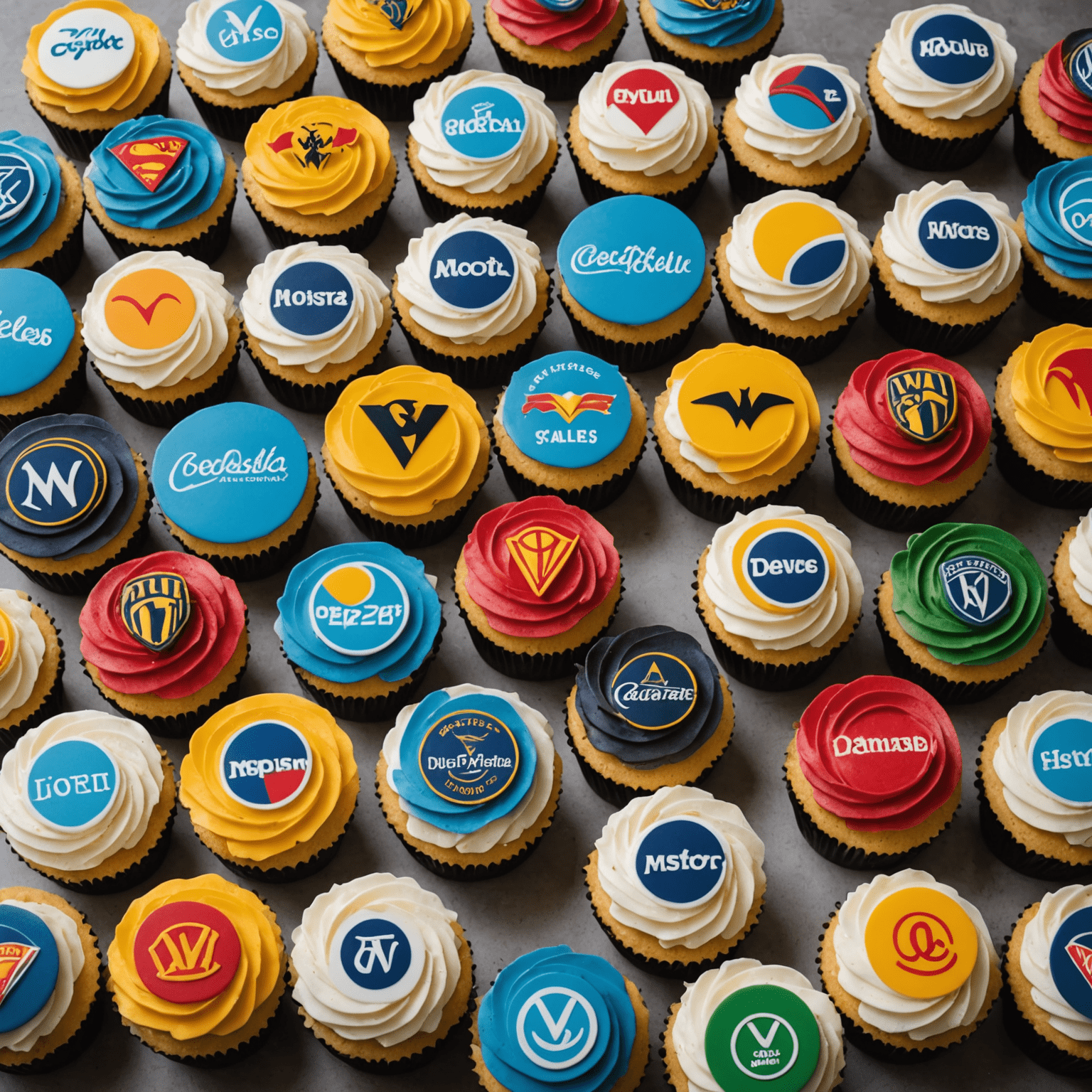 An array of colorful cupcakes decorated with company logos and brand-specific designs