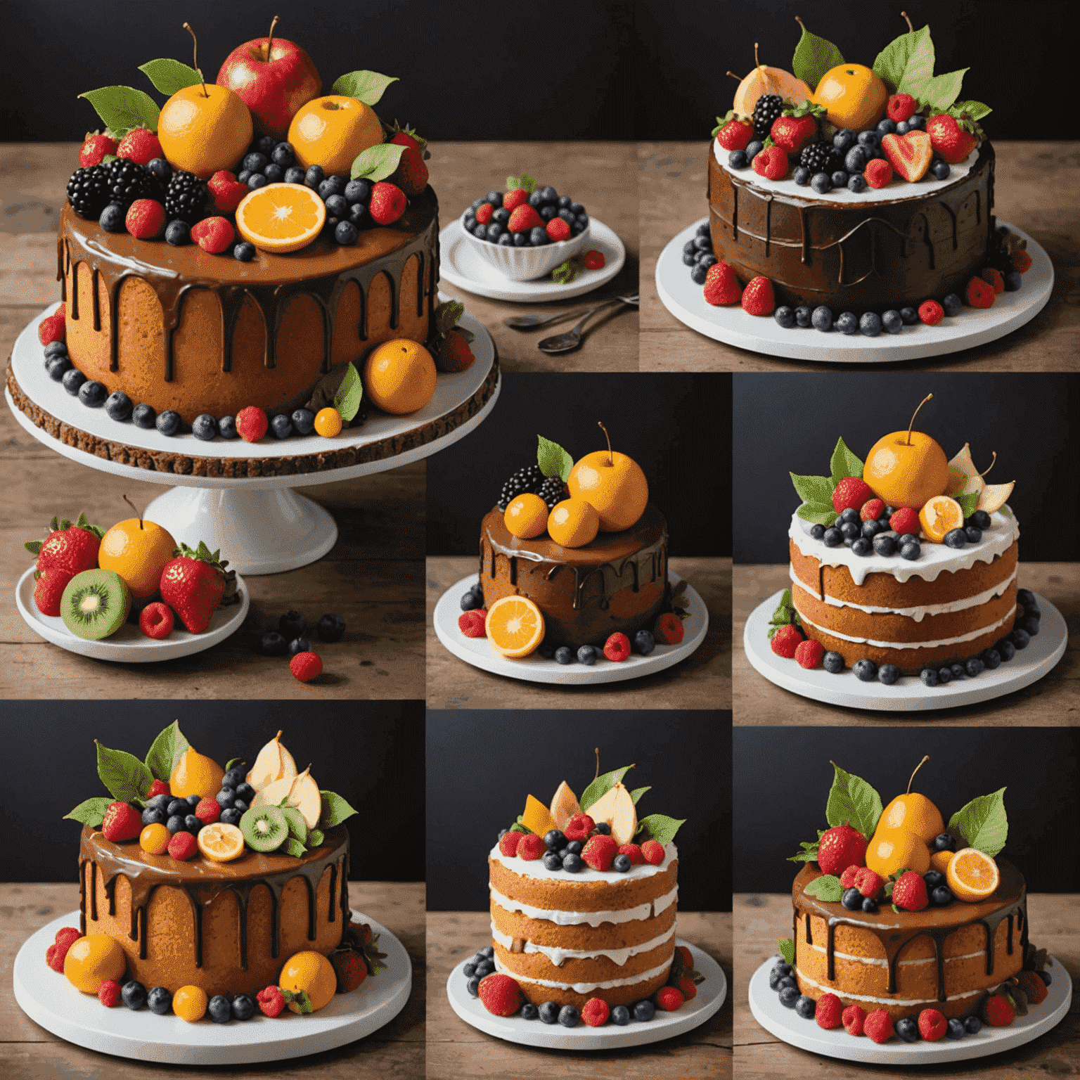 A collection of seasonal cakes featuring fresh fruits, festive decorations, and themed designs representing different holidays and seasons
