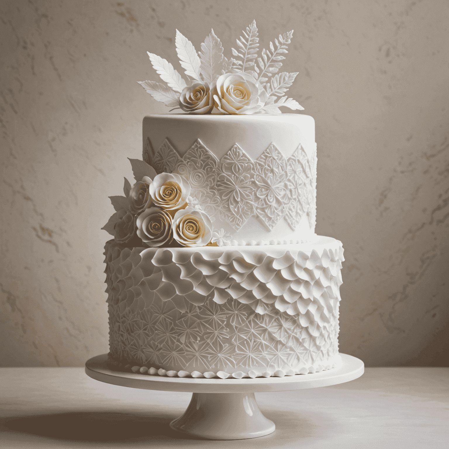 A white fondant-covered cake with various textural elements including ruffles, quilting patterns, and sugar crystals, creating a multi-dimensional surface