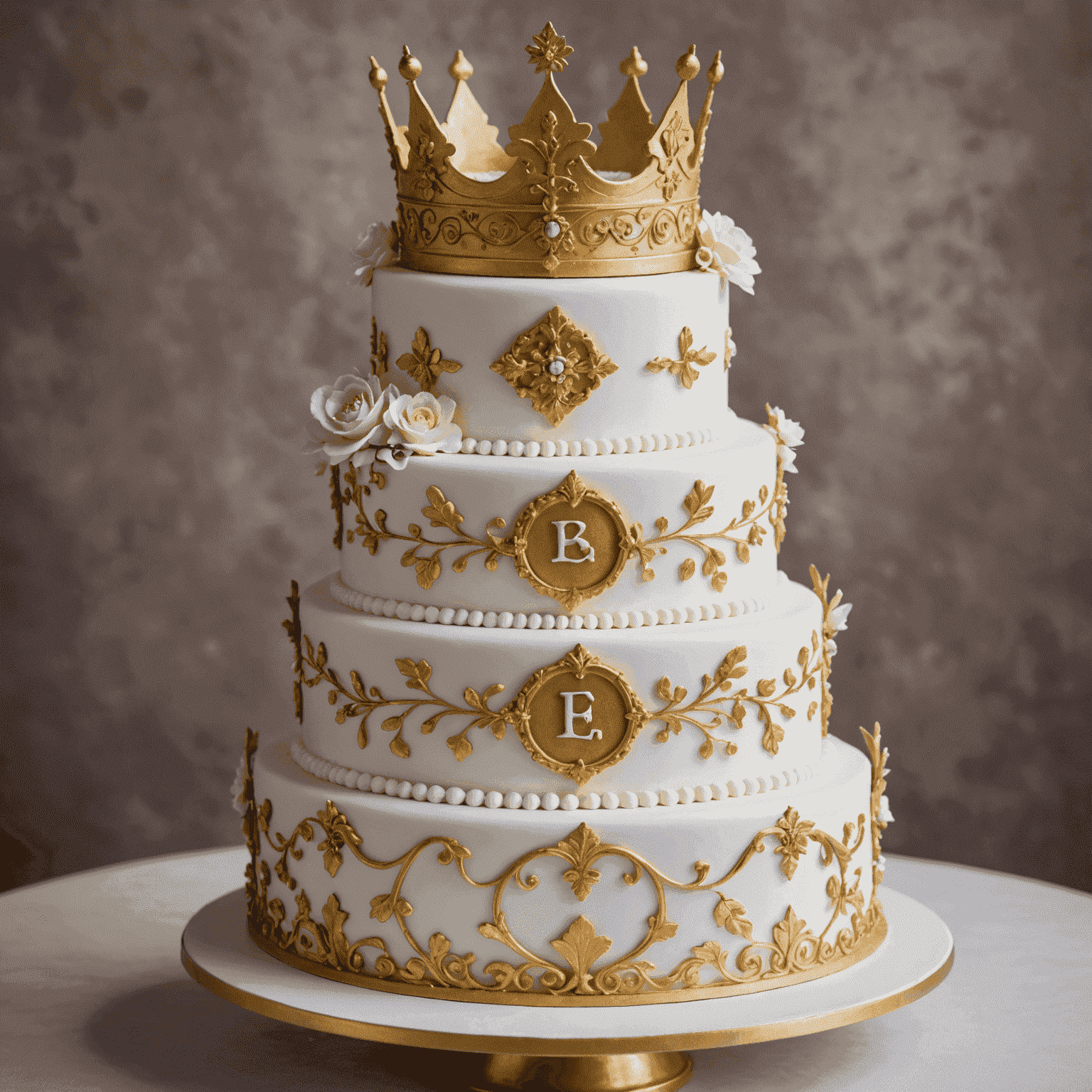 An elaborate multi-tiered white and gold cake adorned with delicate sugar flowers, royal insignias, and a miniature golden crown on top