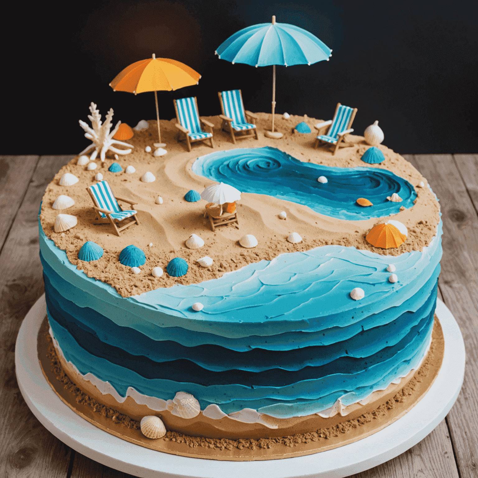 A vibrant summer-themed cake with ombre blue buttercream resembling ocean waves, topped with edible sand made from crushed cookies, fondant seashells, and a miniature fondant beach umbrella.