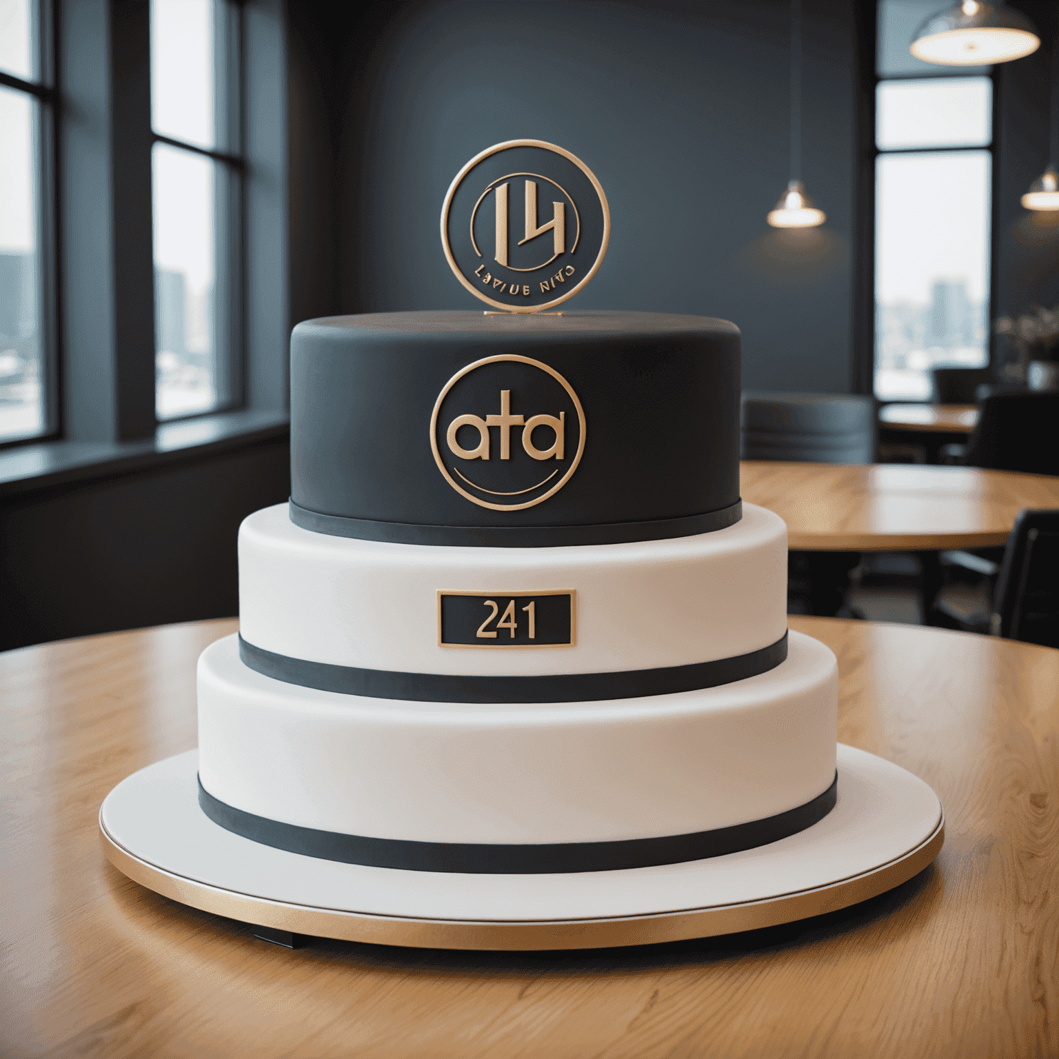 A sleek and professional corporate event cake featuring a company logo, clean lines, and a modern design. The cake is displayed in an office or conference room setting.