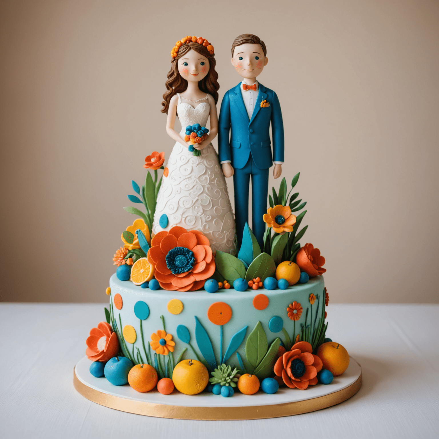 Whimsical wedding cake with bright colors, playful patterns, and edible figurines representing the couple's interests