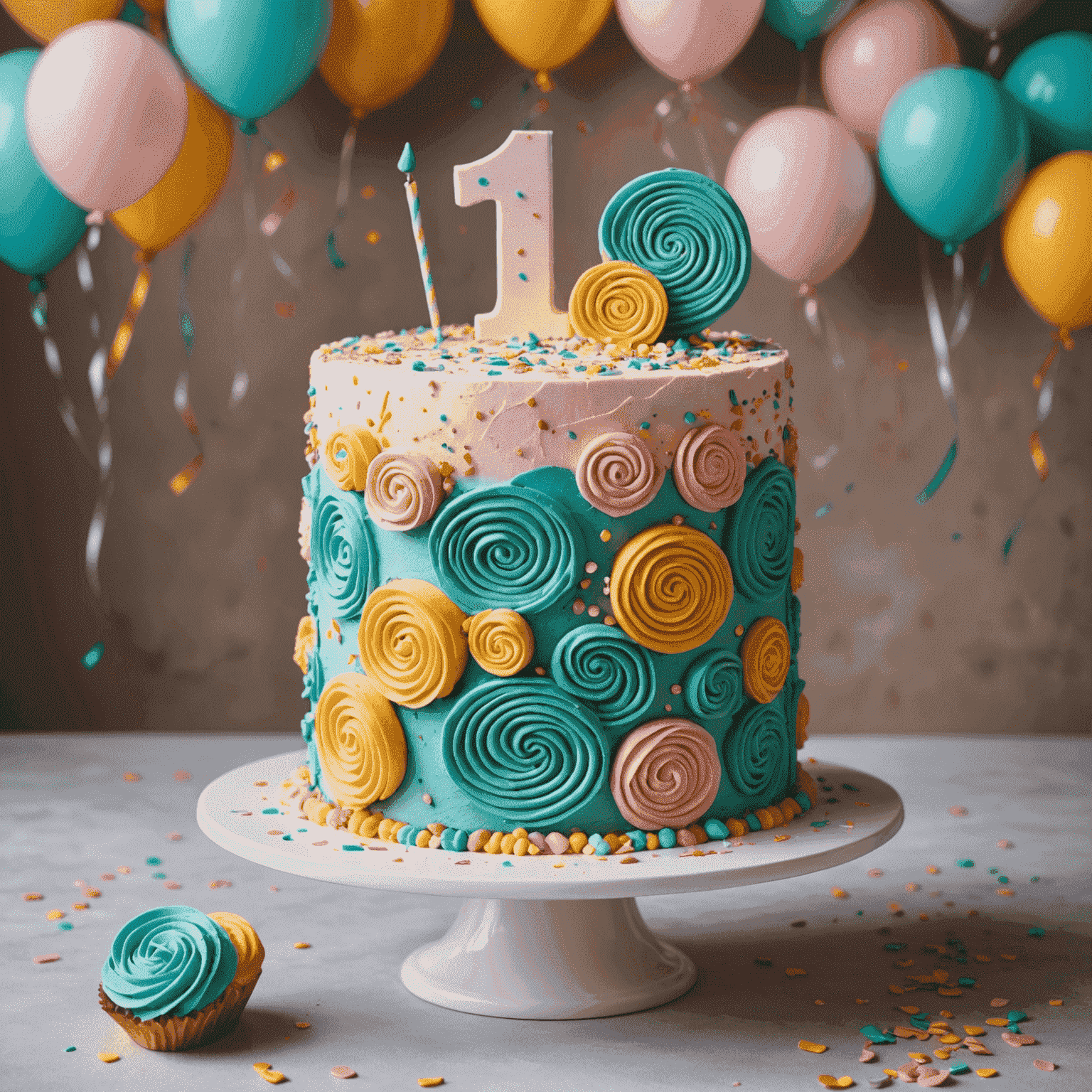 A playful and colorful smash cake for a first birthday, decorated with pastel buttercream swirls, edible confetti, and a custom-made fondant topper spelling out 'ONE'.