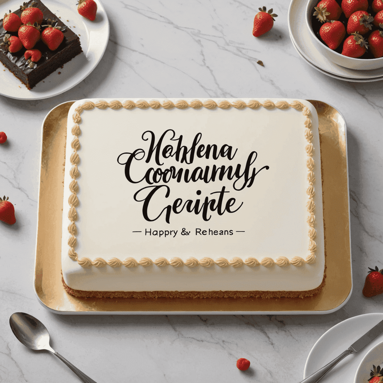 A modern sheet cake with a minimalist design featuring a company slogan in elegant script