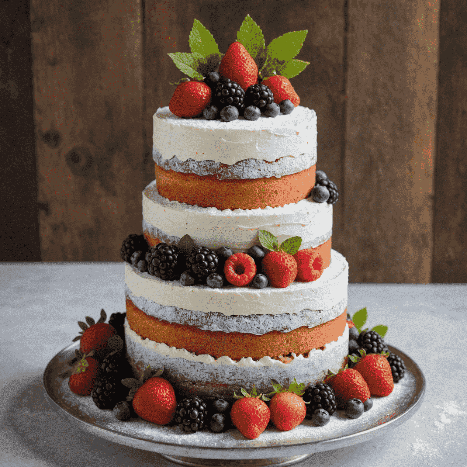 A three-tiered semi-naked cake with visible layers of sponge and buttercream, decorated with fresh berries and a light dusting of powdered sugar