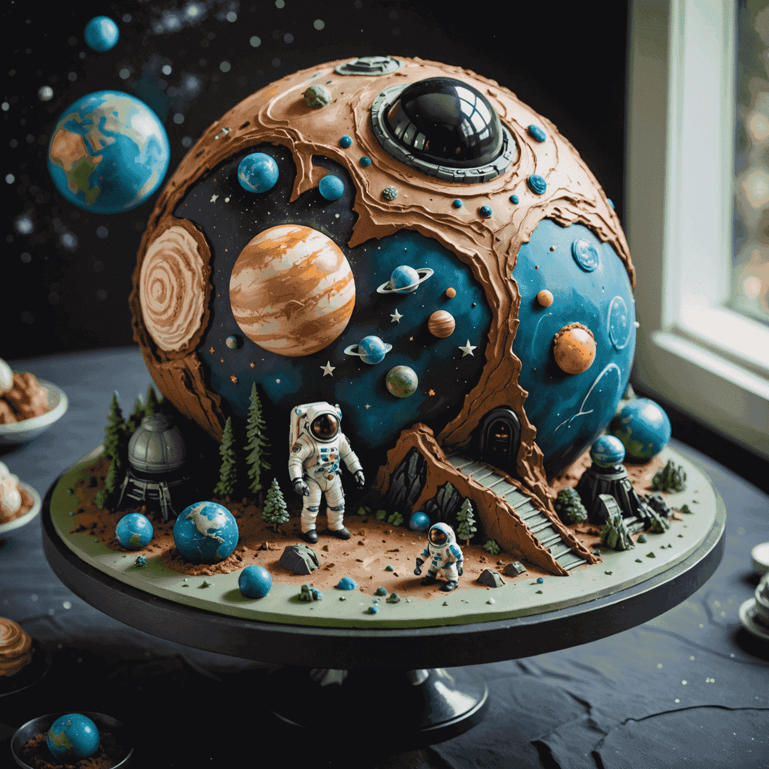 A spherical cake designed to look like a planet, with various alien landscapes, spaceships, and a fondant figurine of the sci-fi actor in a space suit