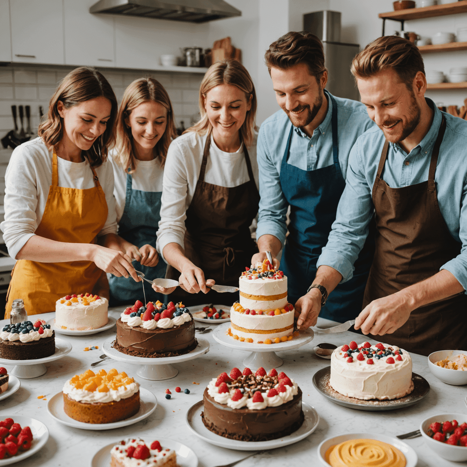 A group of people in a bright, modern kitchen learning cake decorating techniques. They are working on colorful cakes with various tools and ingredients spread out on the counter.